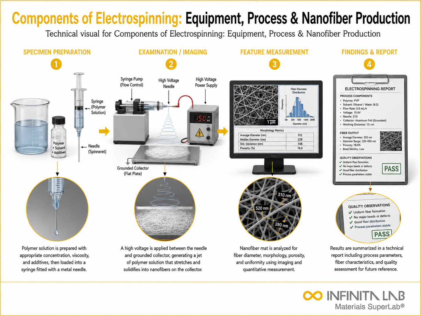 Infinita Engineering Visual showing Components of Electrospinning: Equipment, Process & Nanofiber Production microscopy / surface / material characterization workflow.