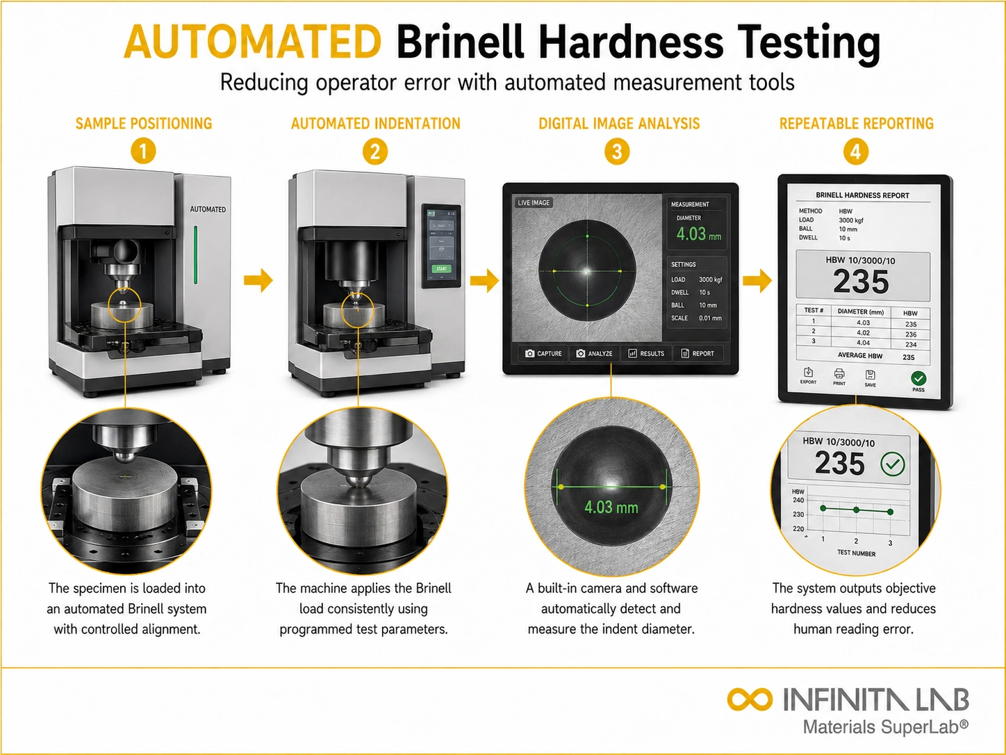 Infinita Engineering Visual showing Eliminating Human Error hardness / indentation workflow for eliminating human error in brinell hardness tests with automated tools.