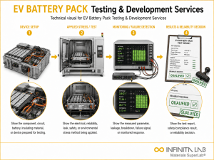 Infinita Engineering Visual showing EV Battery Pack Testing & Development Services electrical / electronics reliability workflow.