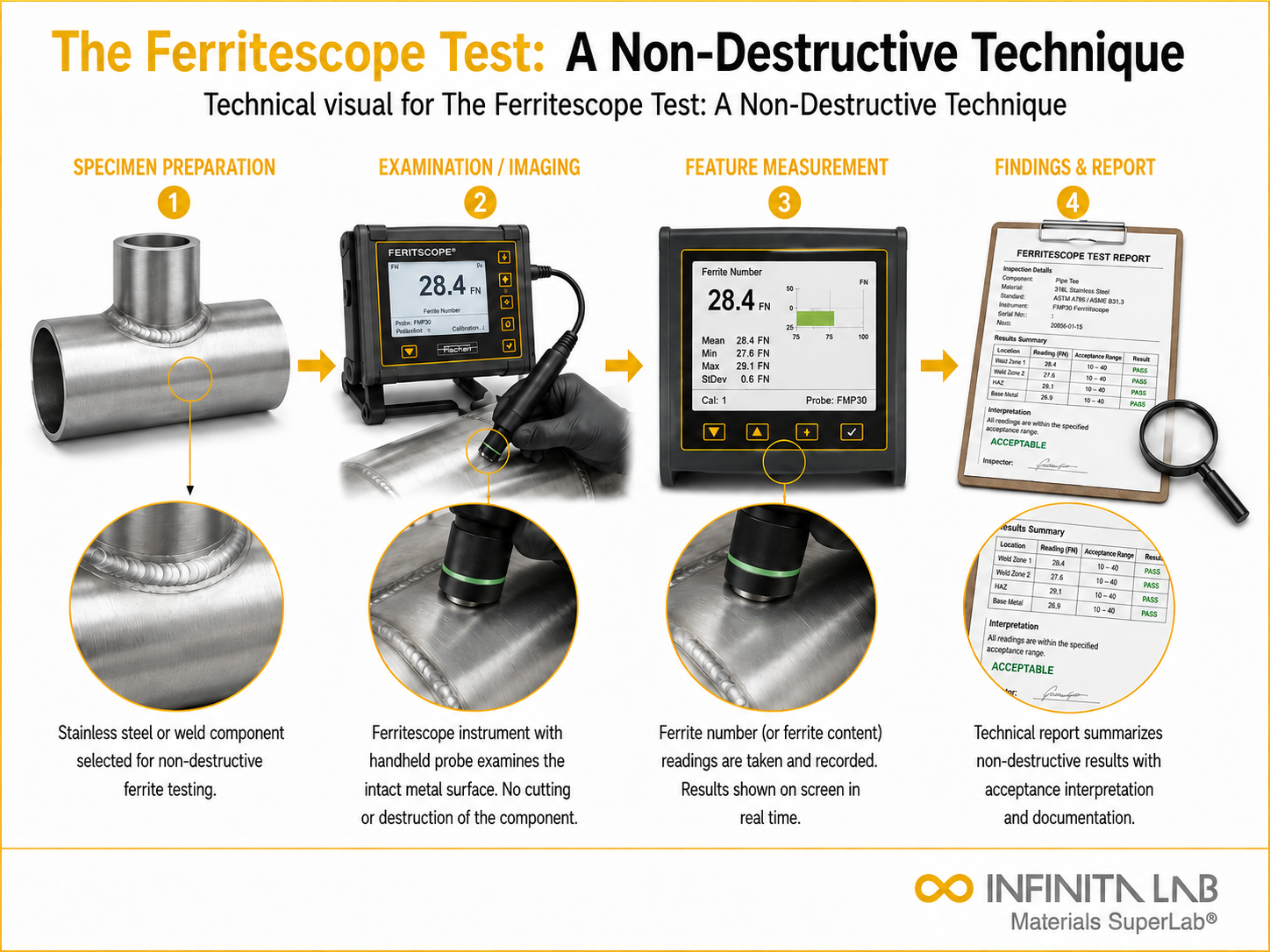 Infinita Engineering Visual showing The Ferritescope Test: A Non-Destructive Technique microscopy / surface / material characterization workflow.