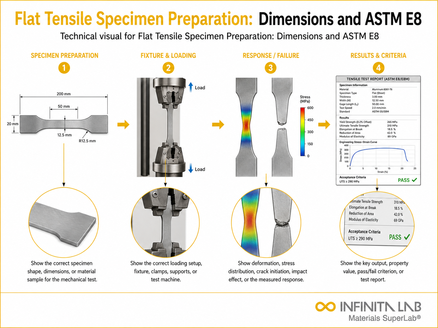 Infinita Engineering Visual showing Flat Tensile Specimen Preparation: Dimensions and ASTM E8 mechanical / structural testing workflow.