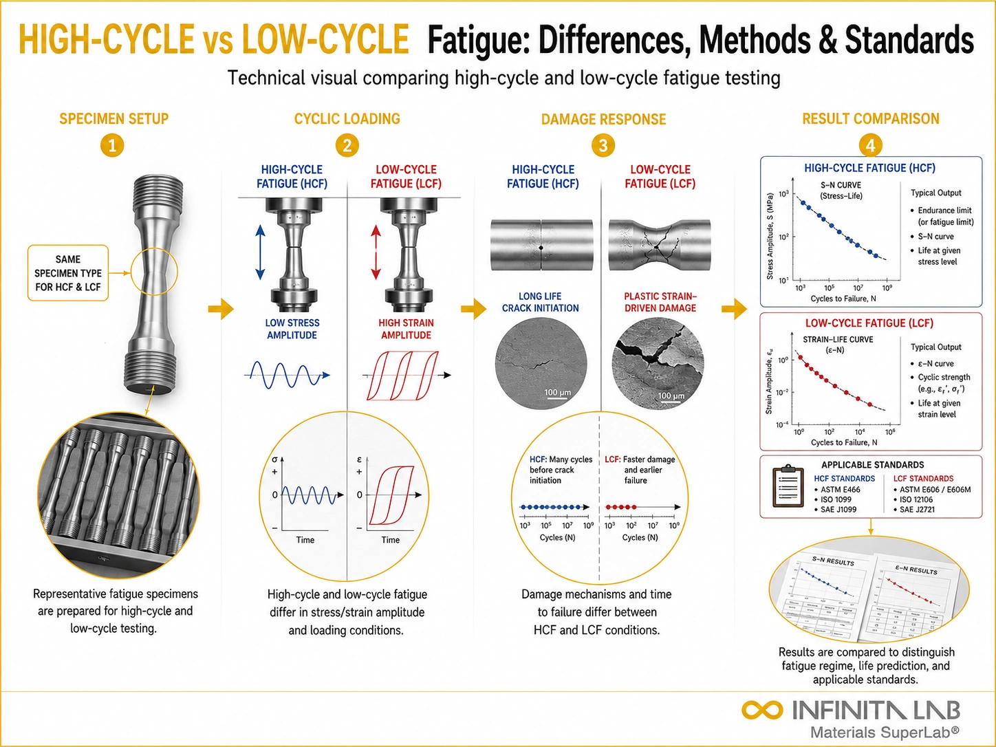 Infinita Engineering Visual showing High Cycle Vs fatigue / cyclic loading workflow for high-cycle vs low-cycle fatigue: differences, testing methods & standards.