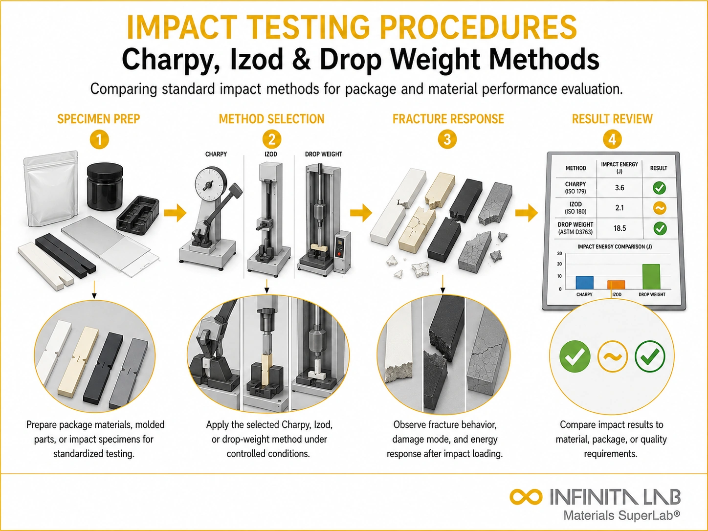 Infinita Engineering Visual showing Impact Testing Procedures transport / distribution simulation workflow for impact testing procedures: charpy, izod & drop weight methods explained.