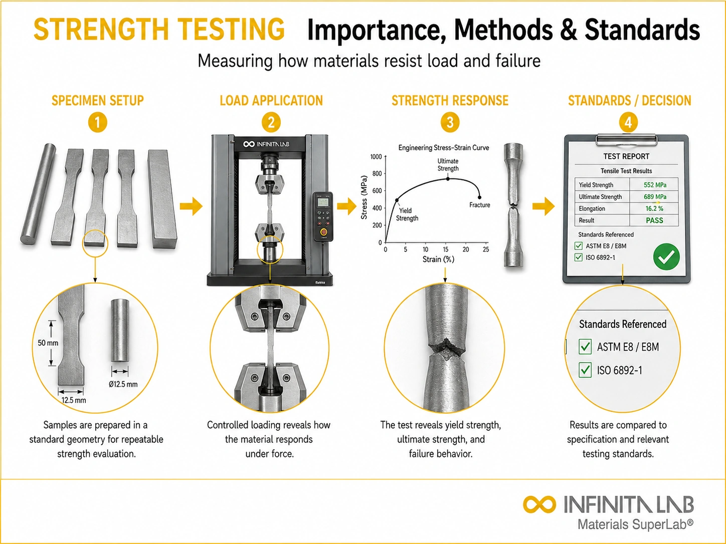 Infinita Engineering Visual showing Material Strength Testing general testing / industry guide workflow for material strength testing: importance, methods & key standards.