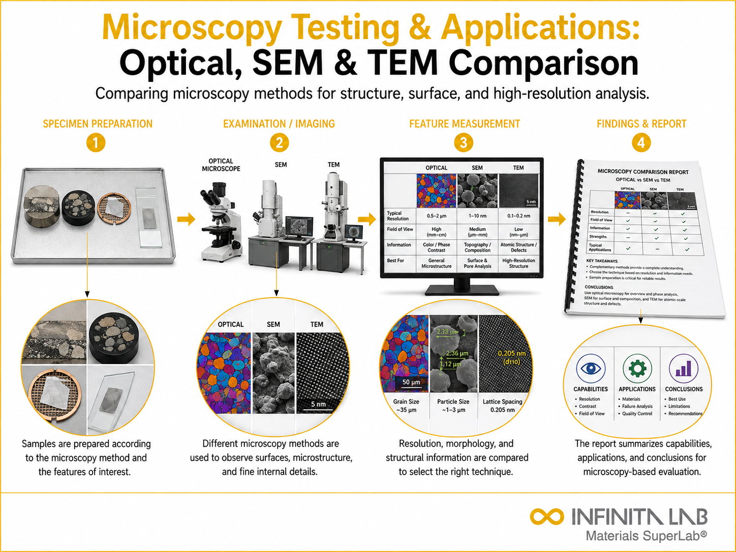 Infinita Engineering Visual showing Microscopy Testing & Applications: Optical, SEM & TEM Comparison microscopy / surface / material characterization workflow.