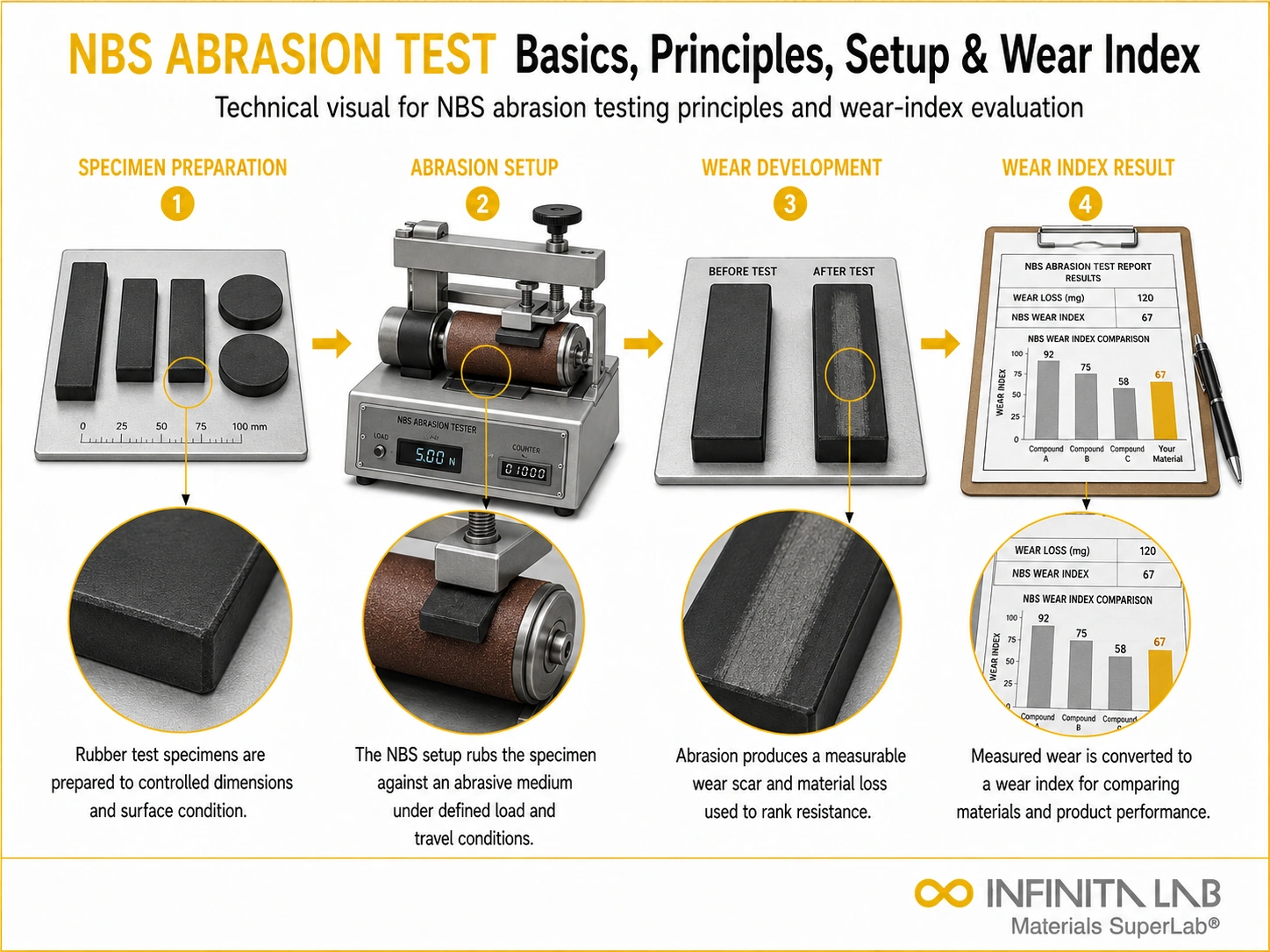 Infinita Engineering Visual showing Nbs Abrasion Test wear / abrasion / scratch workflow for nbs abrasion test basics: principles, setup & wear index explained.