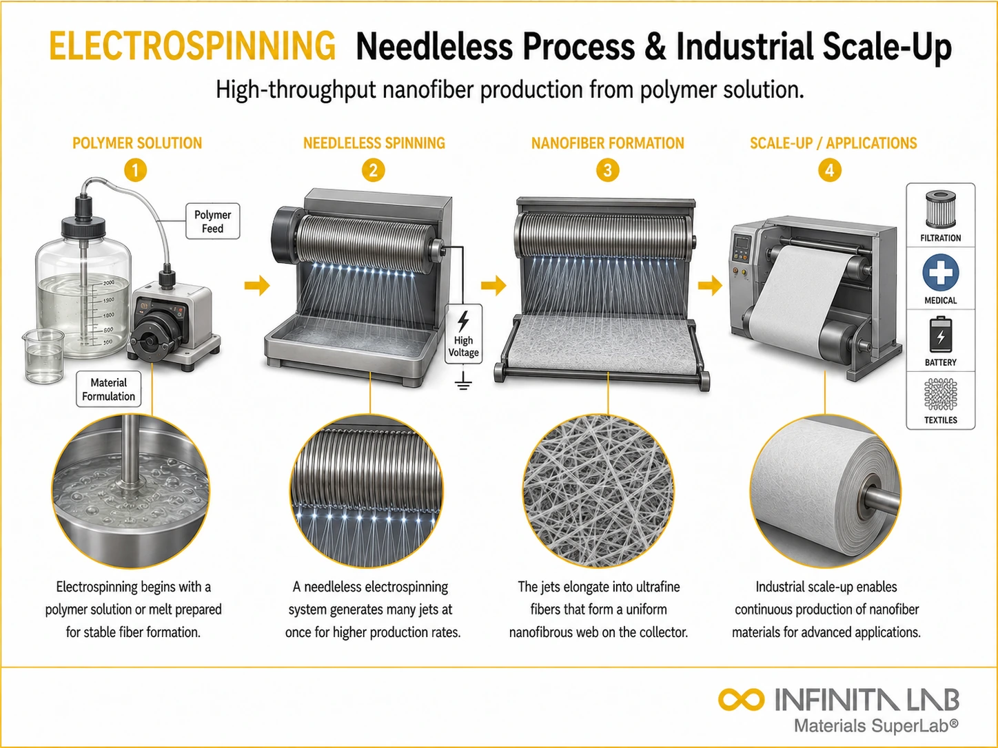 Infinita Engineering Visual showing Needleless Electrospinning Process combustible dust / loc / explosion workflow for needleless electrospinning: process, advantages & industrial scale-up.