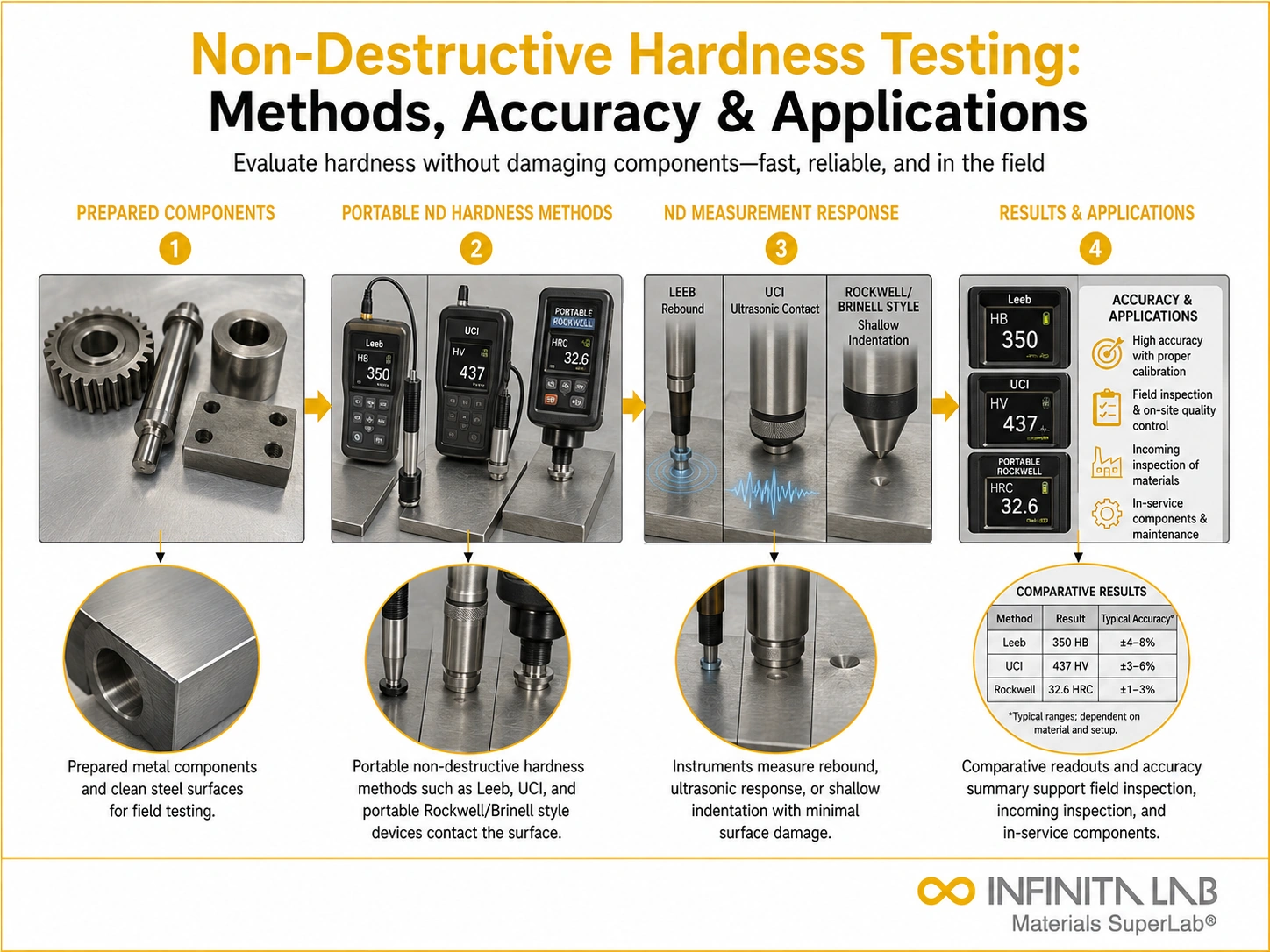 Infinita Engineering Visual showing Non Destructive Hardness hardness / indentation workflow for non-destructive hardness testing: methods, accuracy & applications.