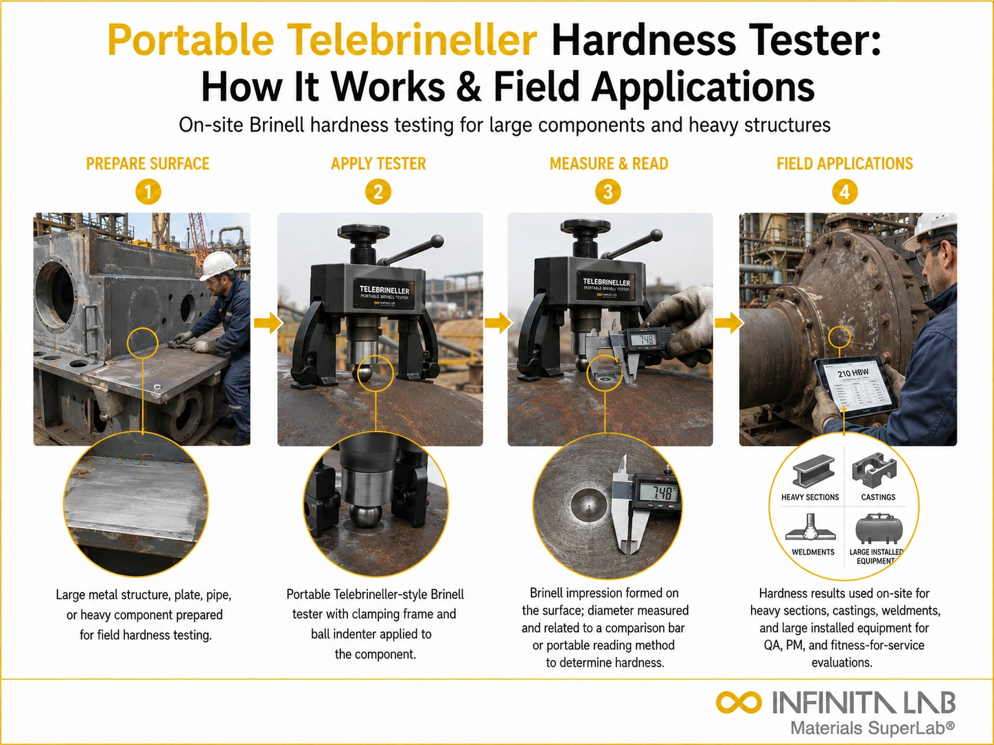 Infinita Engineering Visual showing Portable Telebrineller Hardness hardness / indentation workflow for portable telebrineller hardness tester: how it works & field applications.