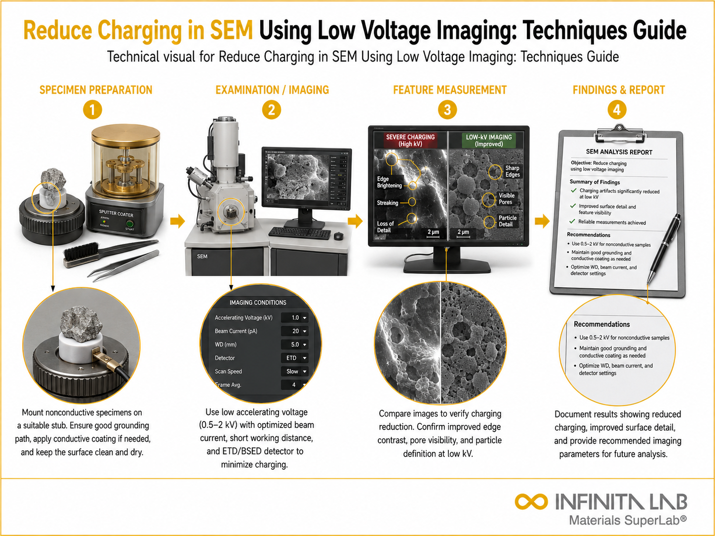 Infinita Engineering Visual showing Reduce Charging in SEM Using Low Voltage Imaging: Techniques Guide microscopy / surface / material characterization workflow.