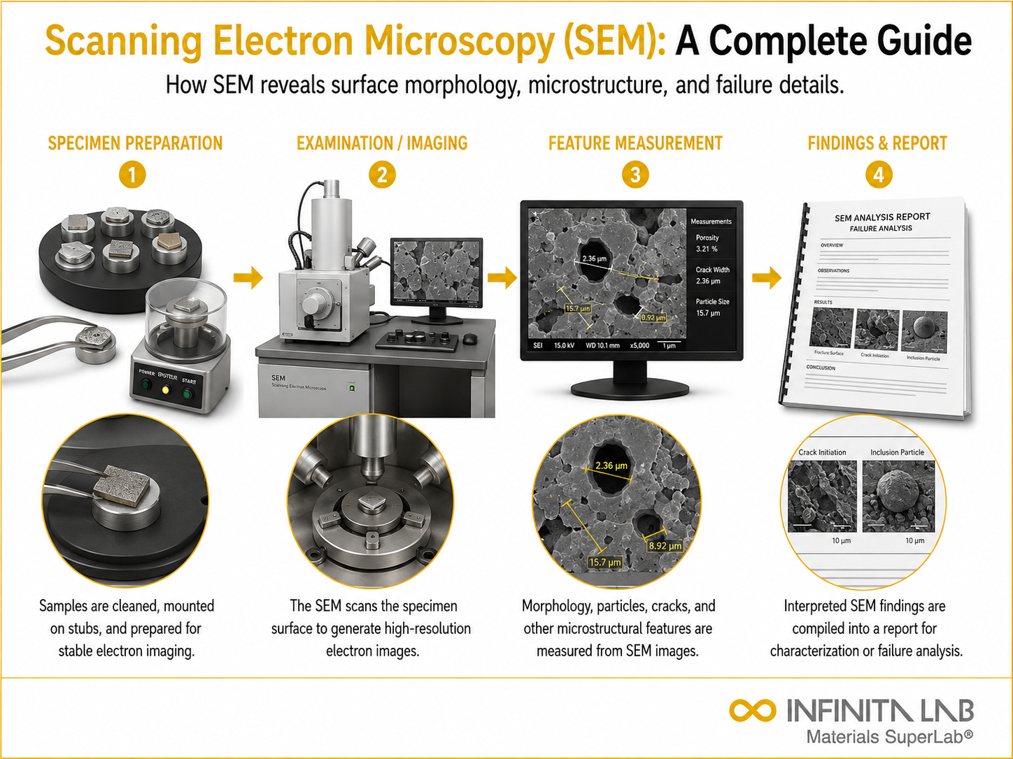Infinita Engineering Visual showing Scanning Electron Microscopy (SEM): A Complete Guide microscopy / surface / material characterization workflow.