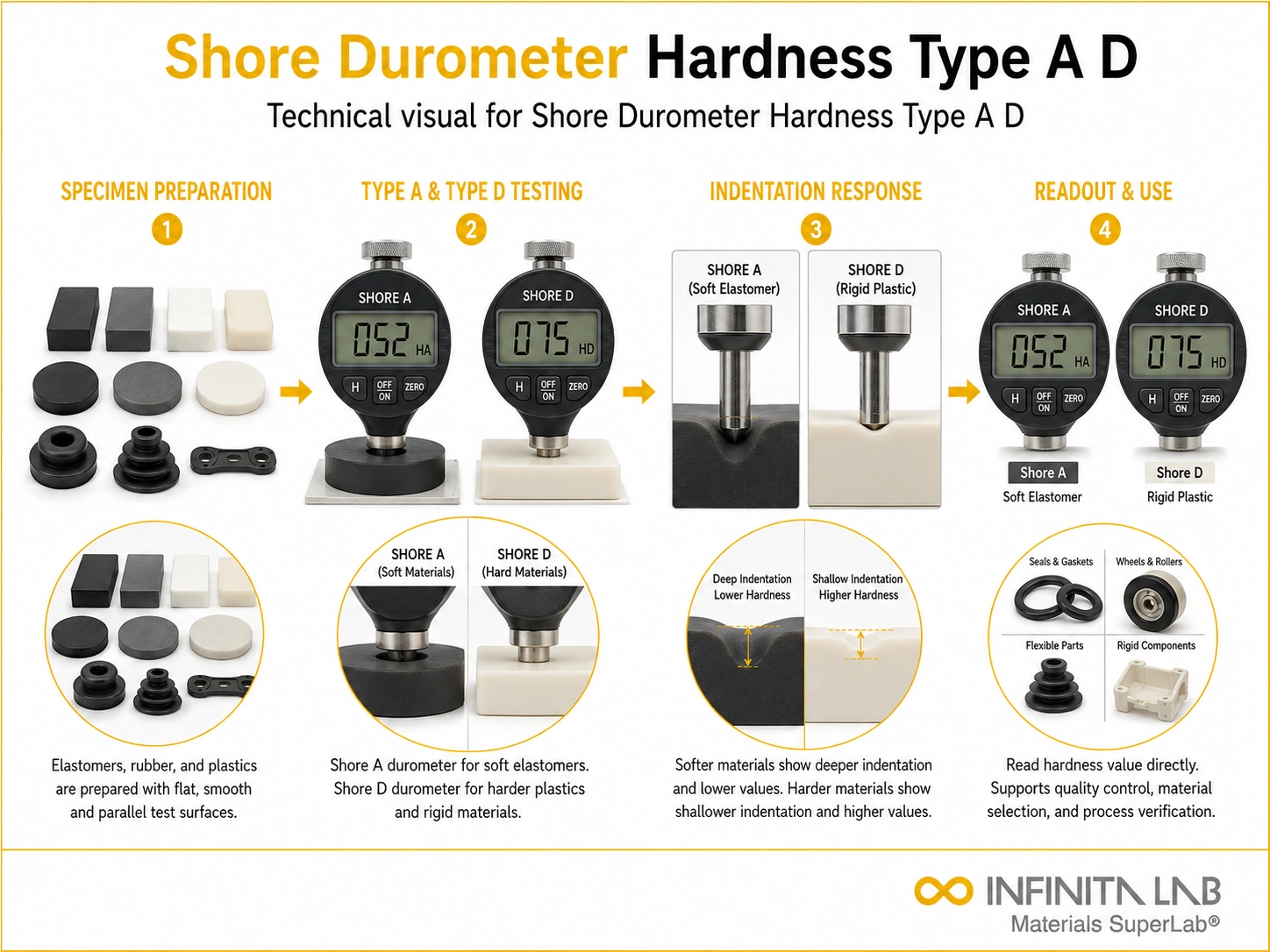 Infinita Engineering Visual showing Shore Durometer Hardness rubber / polymer hardness workflow for shore durometer hardness type a d.