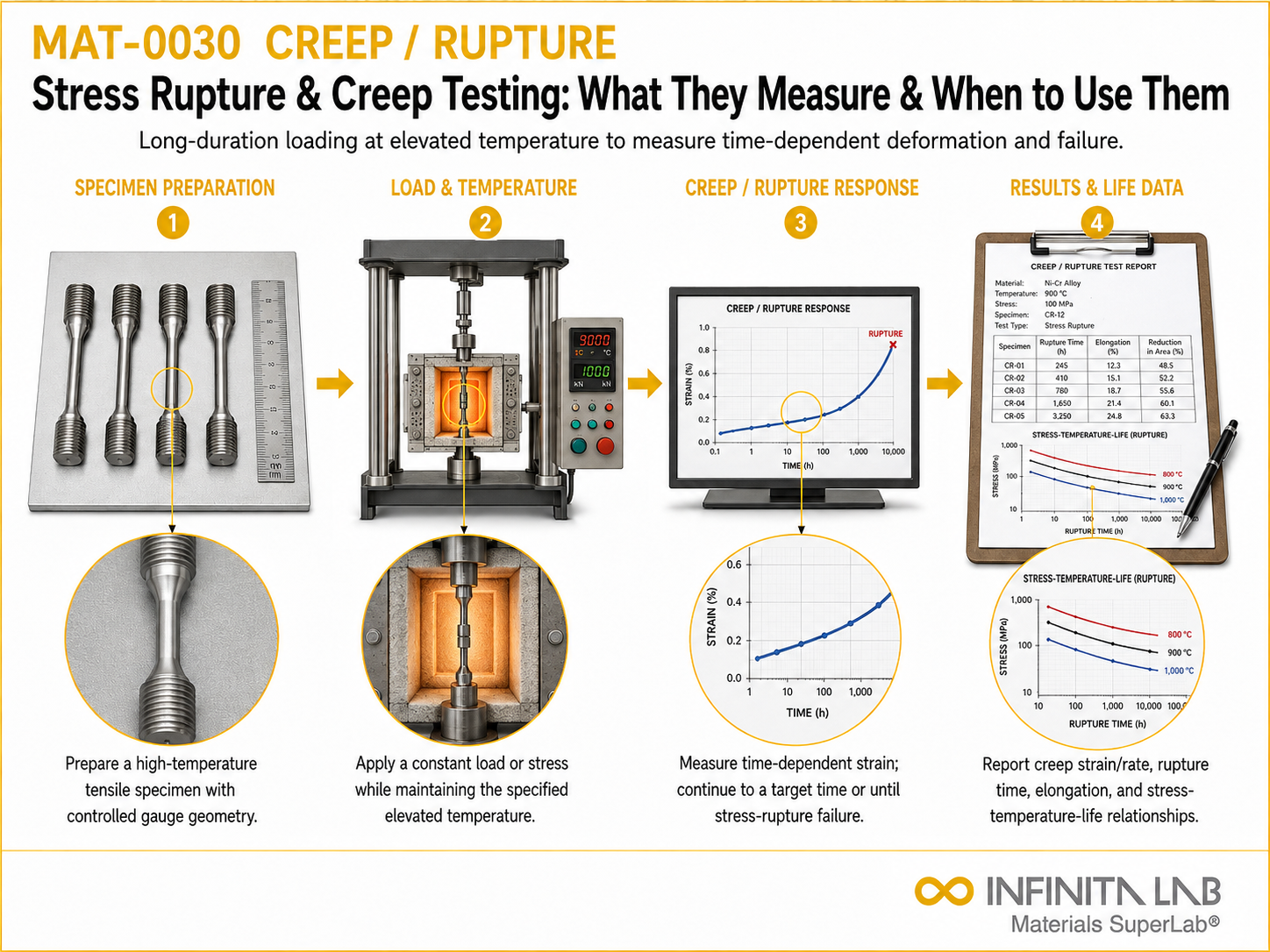 Infinita Engineering Visual showing Stress Rupture & Creep Testing: What They Measure & When to Use Them mechanical / structural testing workflow.