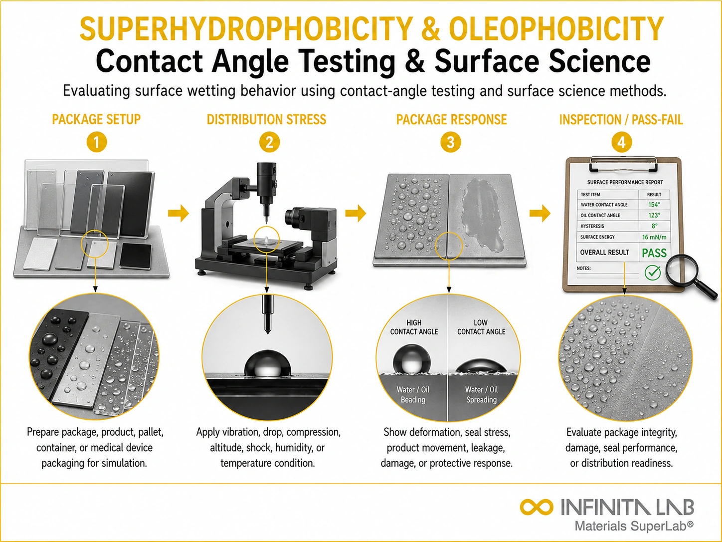 Infinita Engineering Visual showing Superhydrophobicity Oleophobicity Contact transport / distribution simulation workflow for superhydrophobicity & oleophobicity: contact angle testing & surface science.