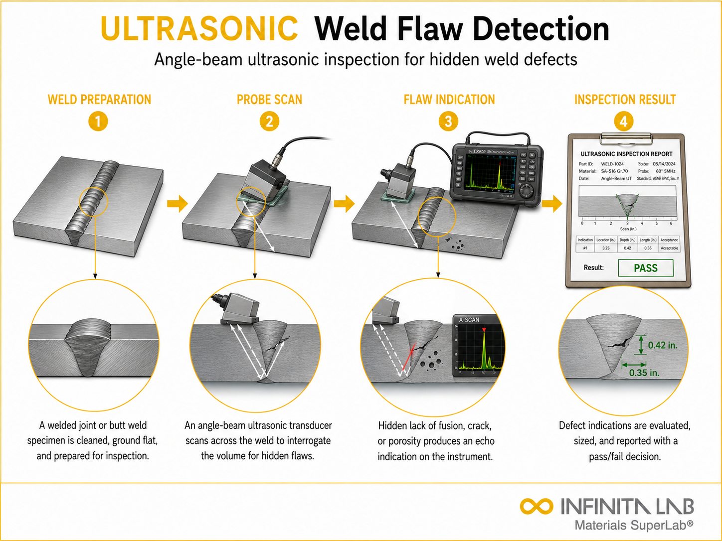 Infinita Engineering Visual showing Ultrasonic Weld Flaw ultrasonic / ndt inspection workflow for ultrasonic weld flaw detection.