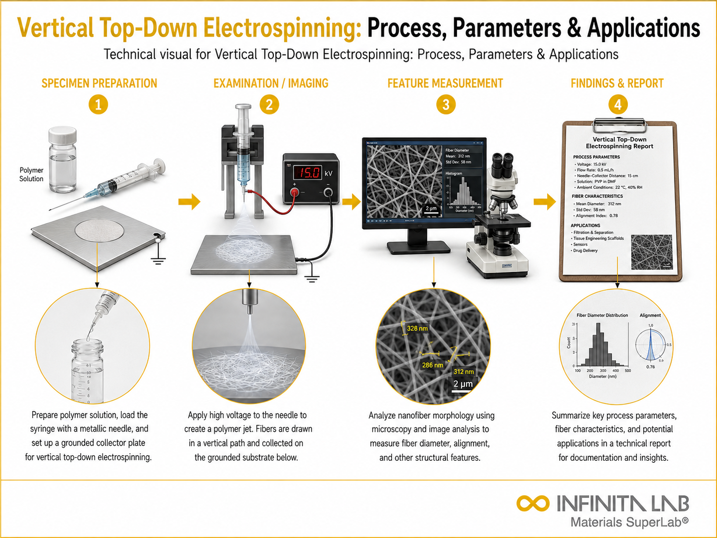 Infinita Engineering Visual showing Vertical Top-Down Electrospinning: Process, Parameters & Applications microscopy / surface / material characterization workflow.