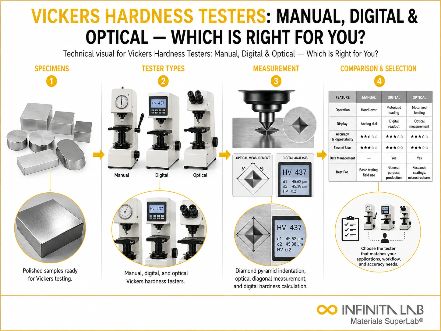 Infinita Engineering Visual showing Vickers Hardness Testers vickers / microhardness workflow for vickers hardness testers: manual, digital & optical — which is right for you?.