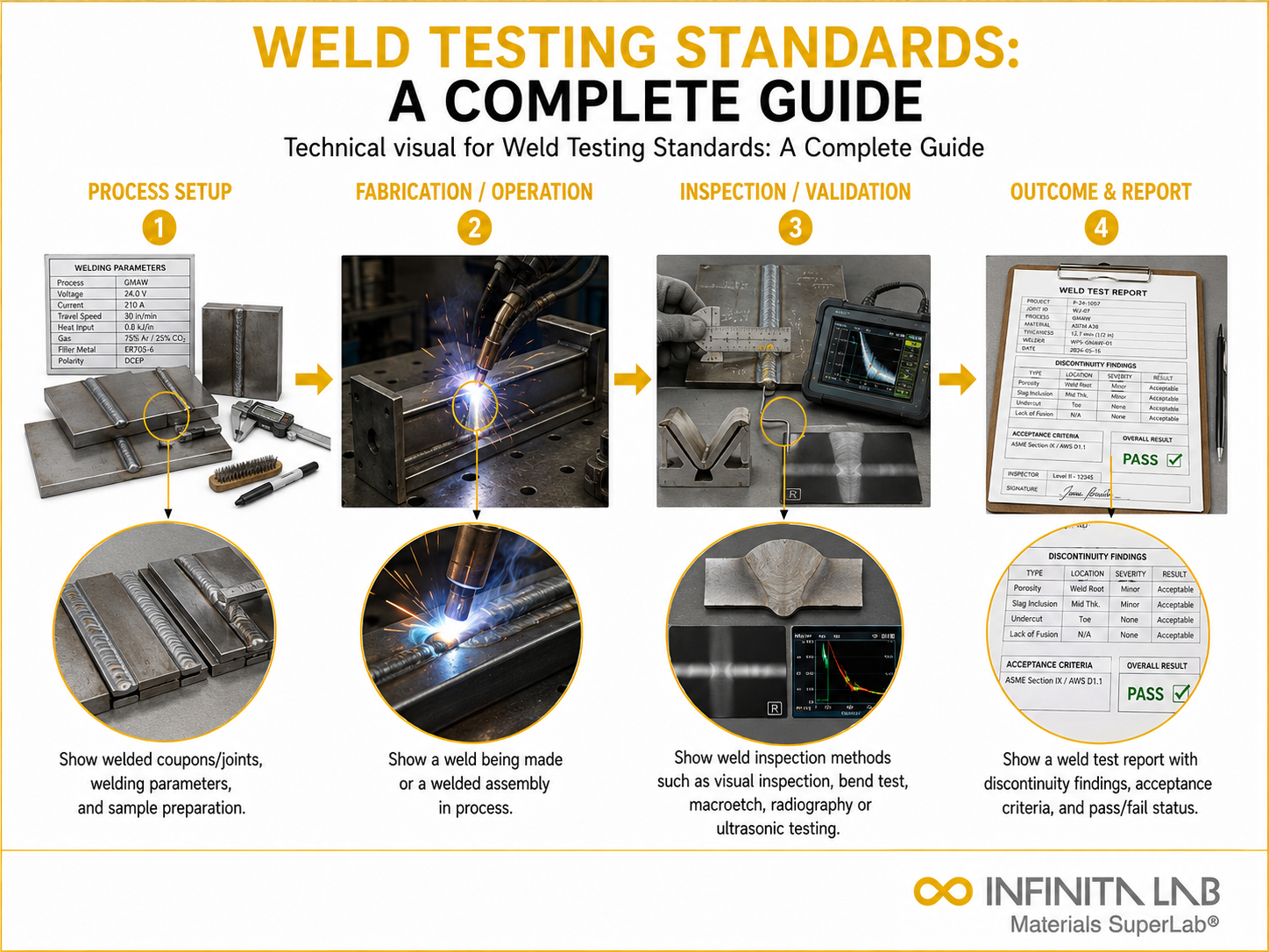 Infinita Engineering Visual showing Weld Testing Standards: A Complete Guide manufacturing / fabrication / process workflow.