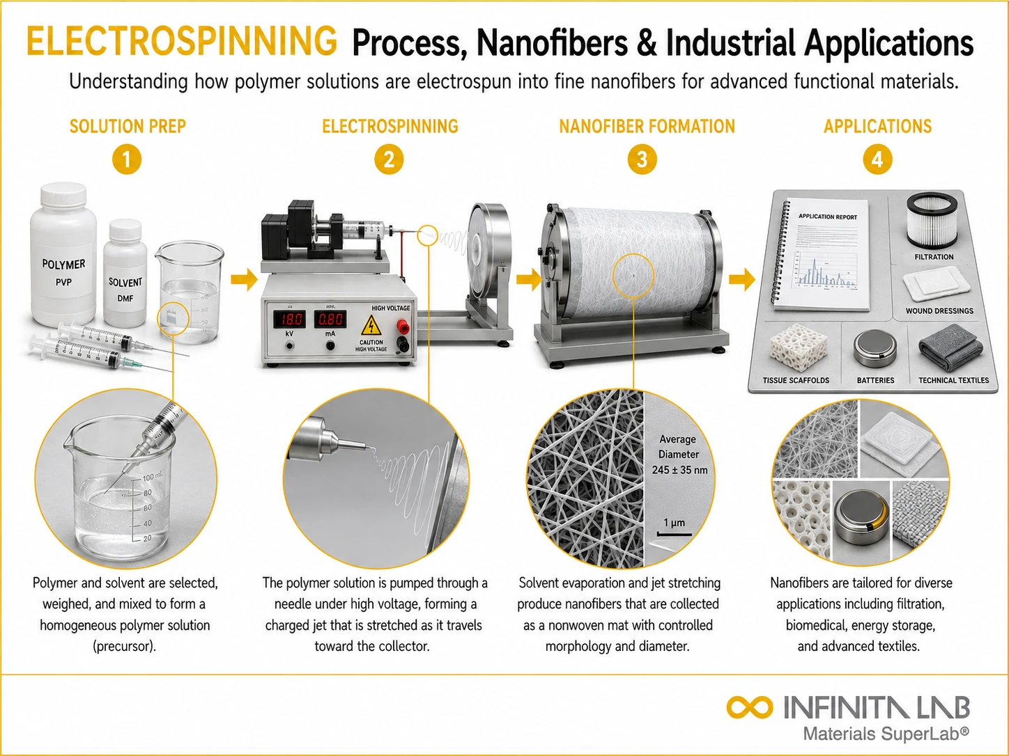 Infinita Engineering Visual showing What Is Electrospinning combustible dust / loc / explosion workflow for what is electrospinning? process, nanofibers & industrial applications.