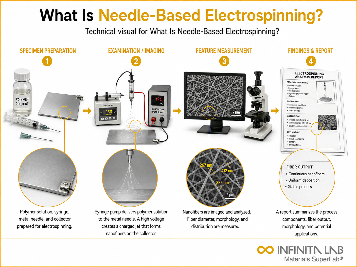 Infinita Engineering Visual showing What Is Needle-Based Electrospinning? microscopy / surface / material characterization workflow.