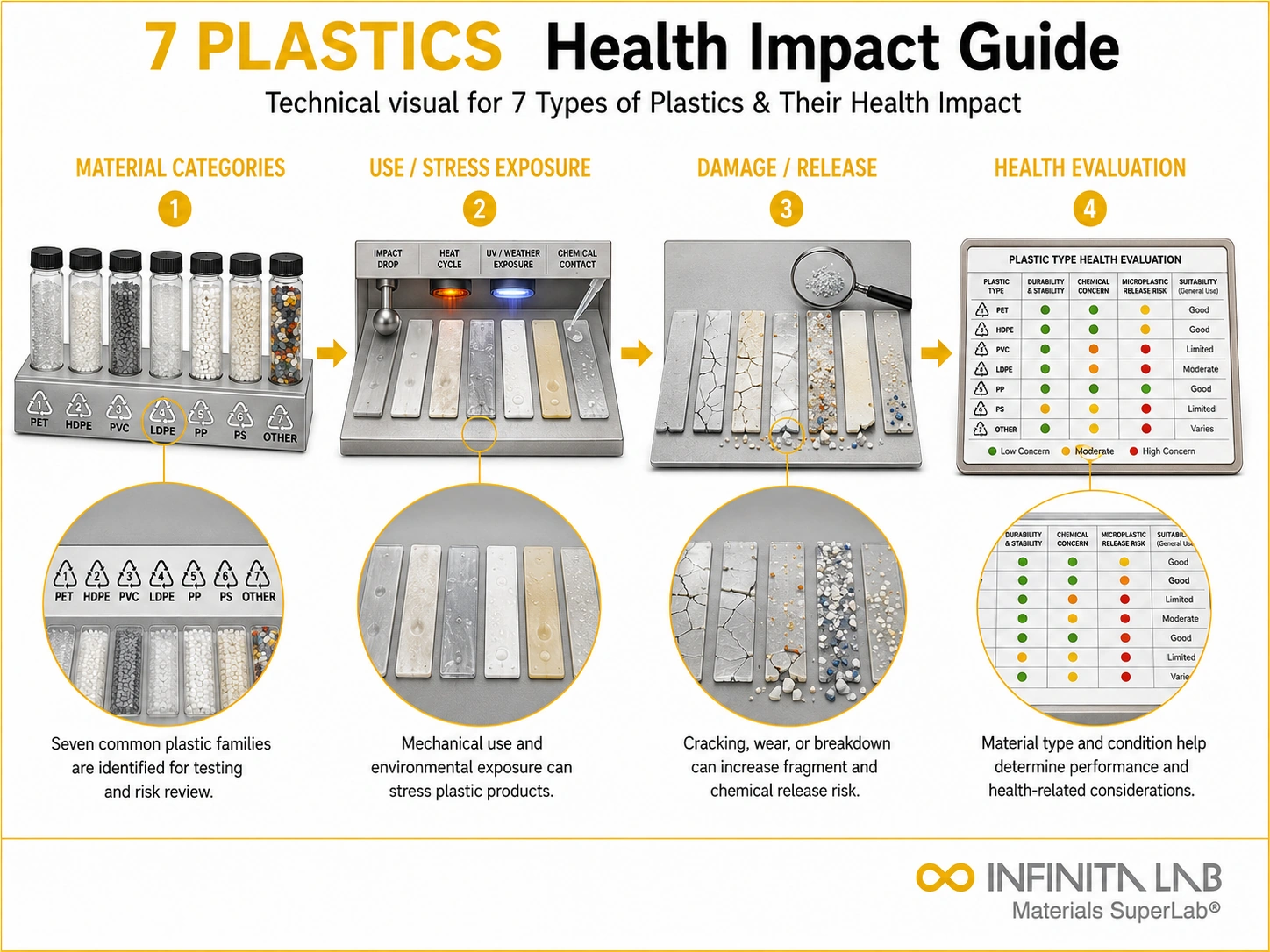 Infinita Engineering Visual showing 7 Types Of impact testing workflow for 7 types of plastics & their health impact: a complete guide.