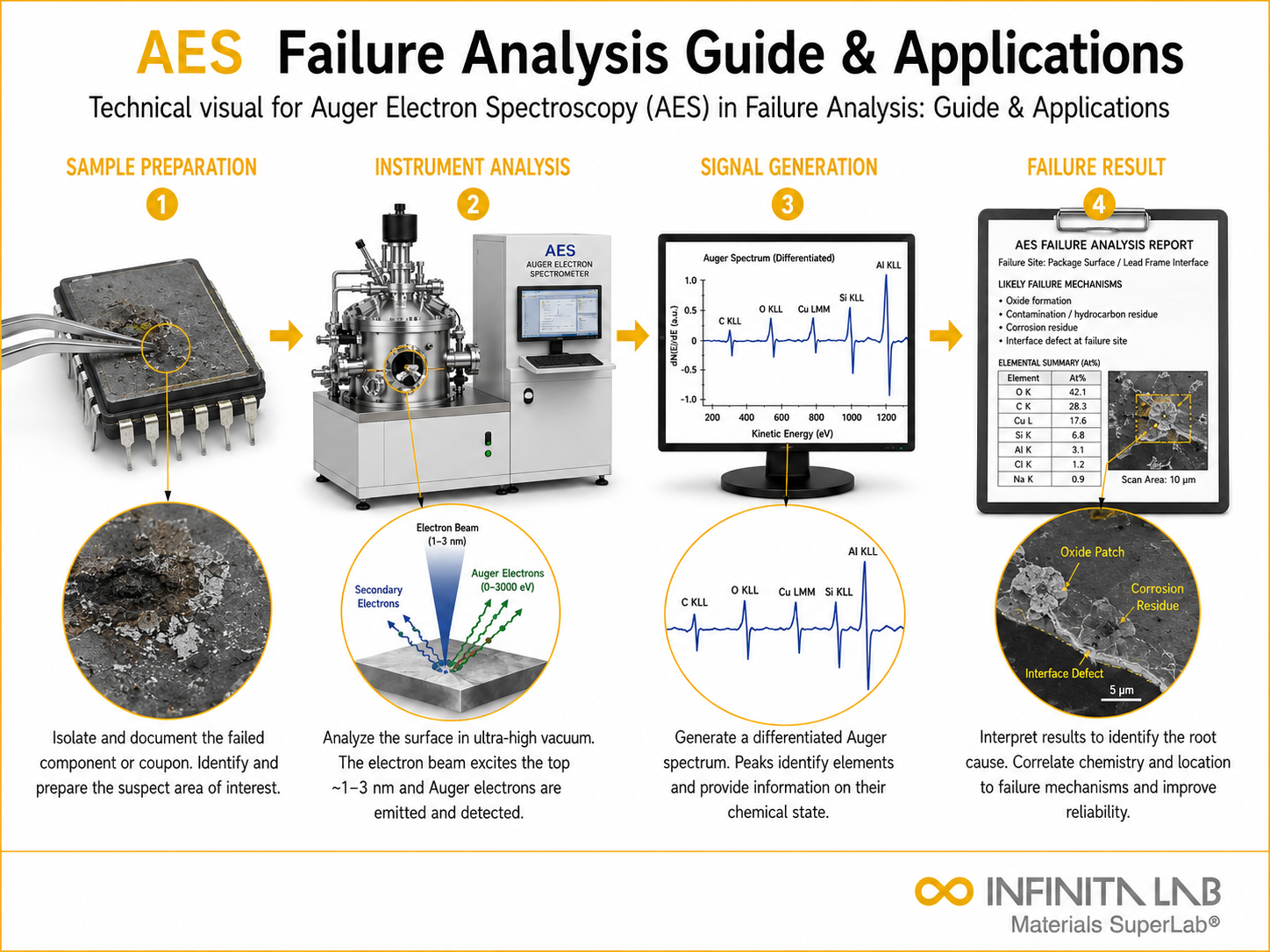 Infinita Engineering Visual showing Auger Electron Spectroscopy spectroscopy / chromatography / elemental analysis workflow for auger electron spectroscopy (aes) in failure analysis: guide & applications.