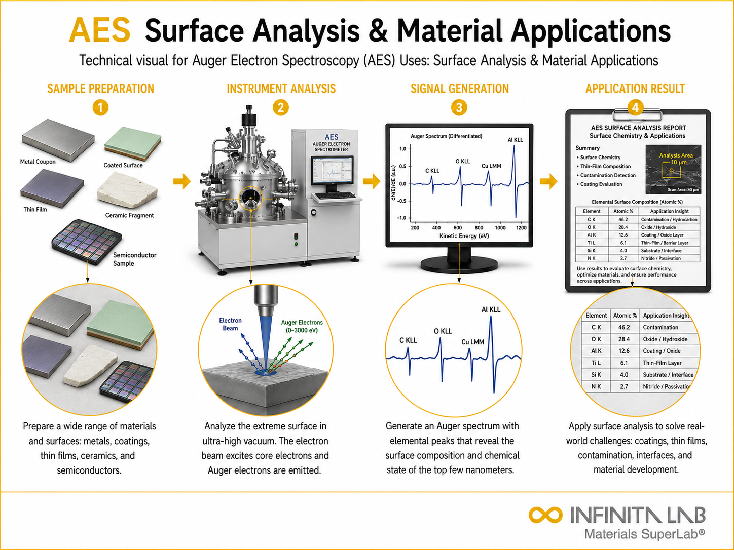 Infinita Engineering Visual showing Auger Electron Spectroscopy spectroscopy / chromatography / elemental analysis workflow for auger electron spectroscopy (aes) uses: surface analysis & material applications.