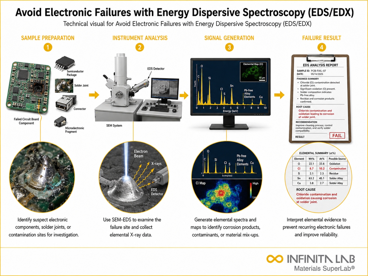Infinita Engineering Visual showing Avoid Electronic Failures spectroscopy / chromatography / elemental analysis workflow for avoid electronic failures with energy dispersive spectroscopy (eds/edx).