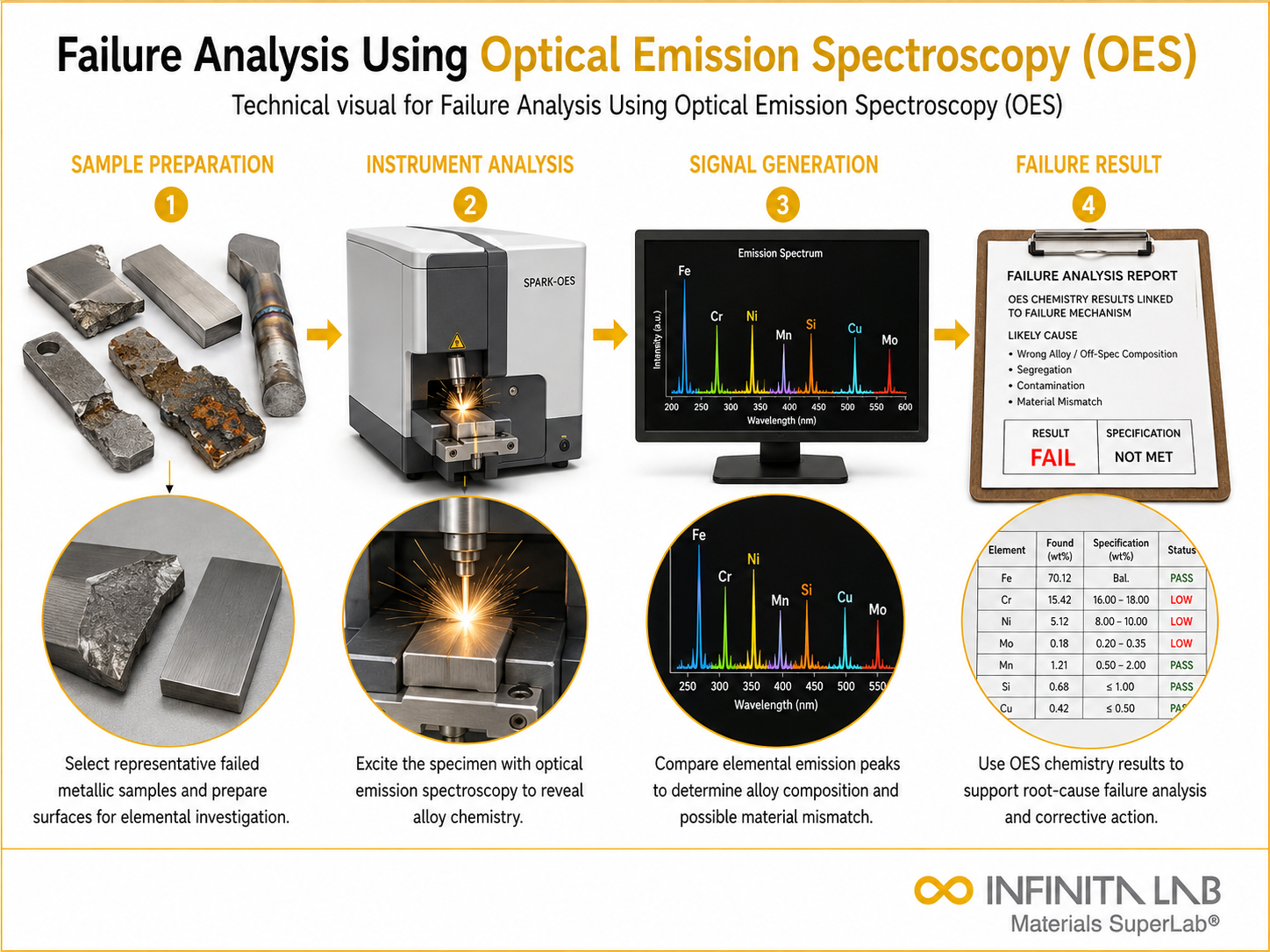 Infinita Engineering Visual showing Failure Analysis Using elemental / spectroscopic analysis workflow for failure analysis using optical emission spectroscopy (oes).
