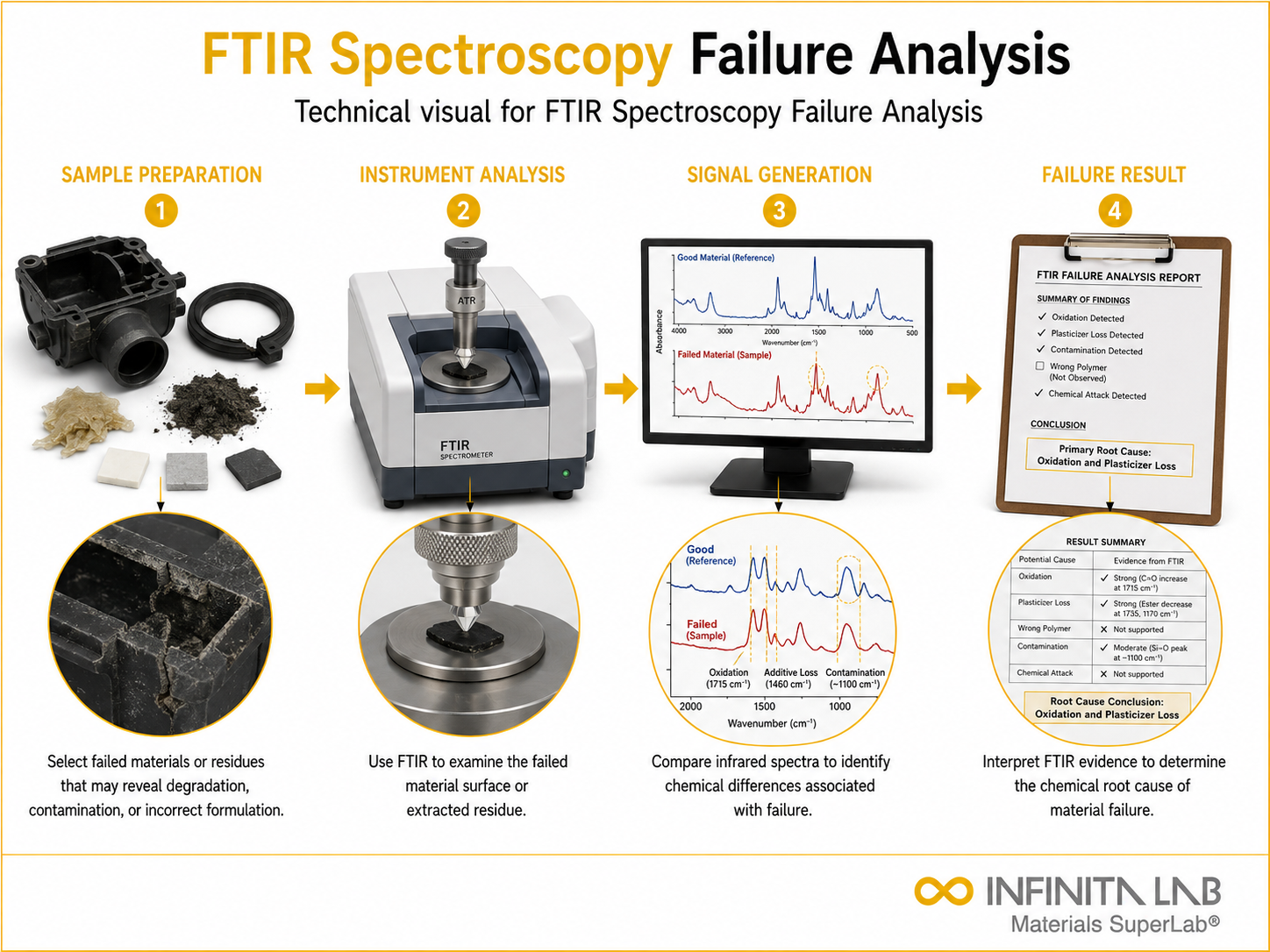 Infinita Engineering Visual showing Ftir Spectroscopy Failure ftir / infrared spectroscopy workflow for ftir spectroscopy failure analysis.