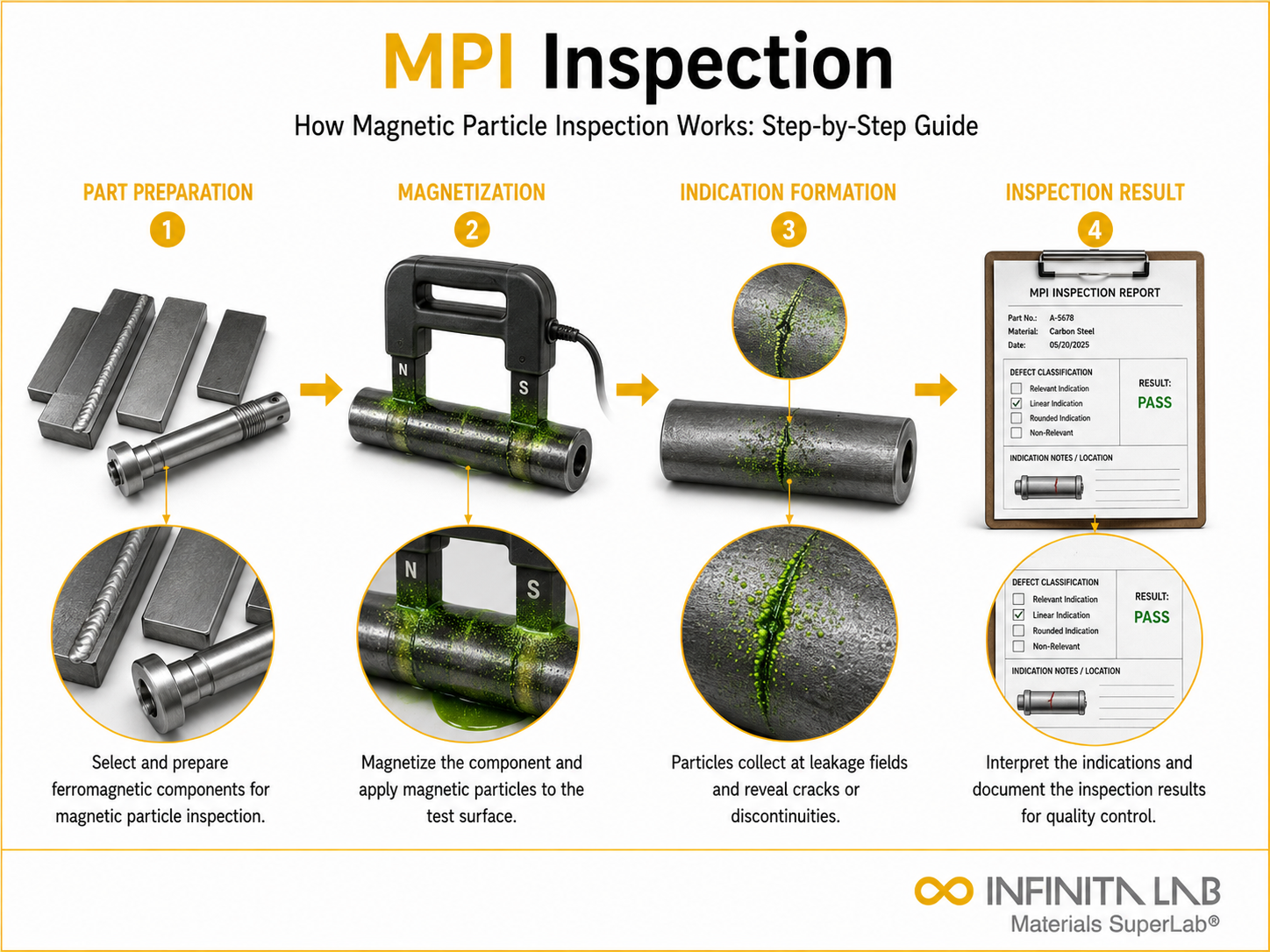 Infinita Engineering Visual showing How Magnetic Particle elemental / spectroscopic analysis workflow for how magnetic particle inspection (mpi) works: step-by-step guide.