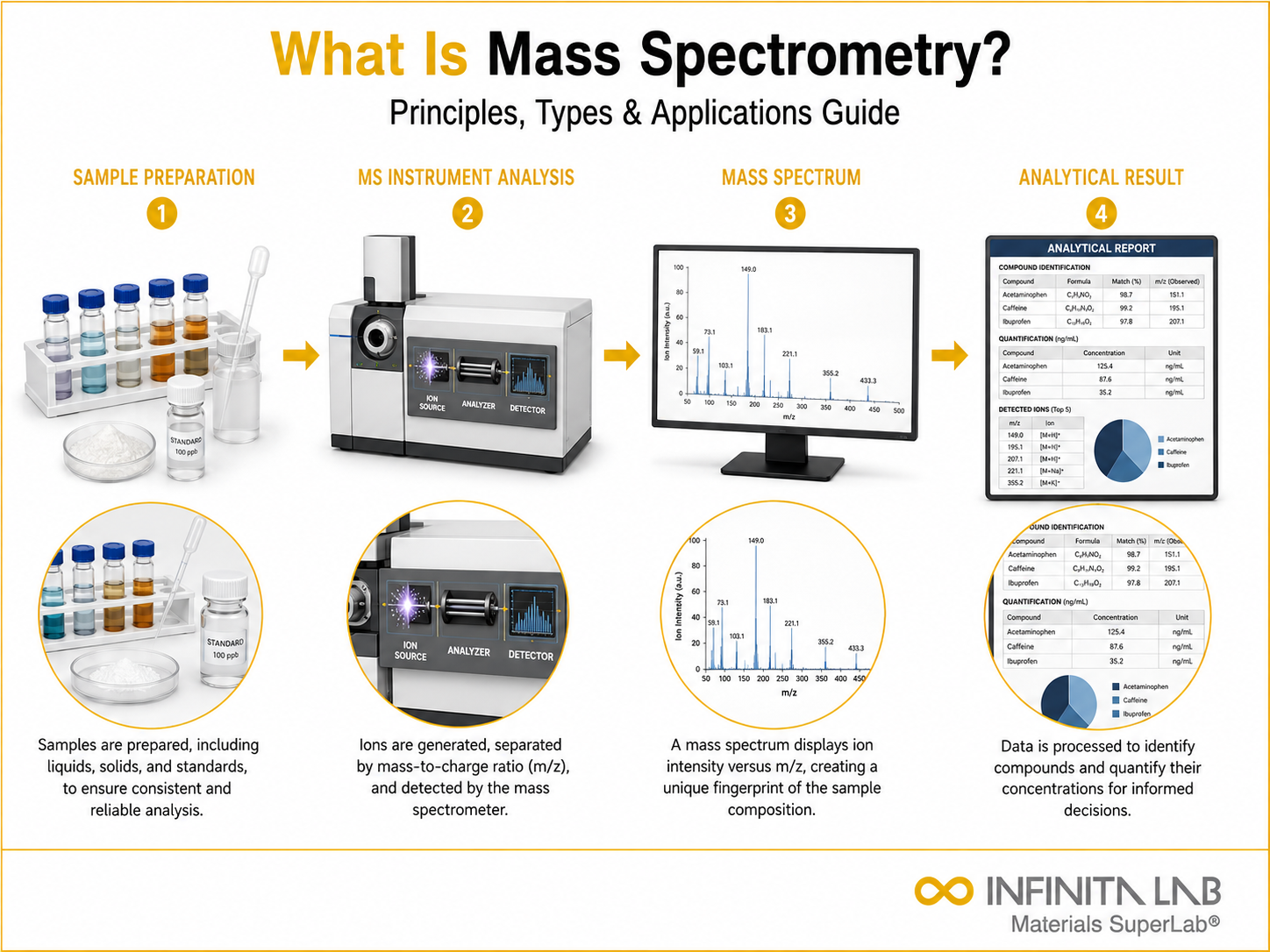 Infinita Engineering Visual showing What Is Mass spectroscopy / chromatography / elemental analysis workflow for what is mass spectrometry? principles, types & applications guide.