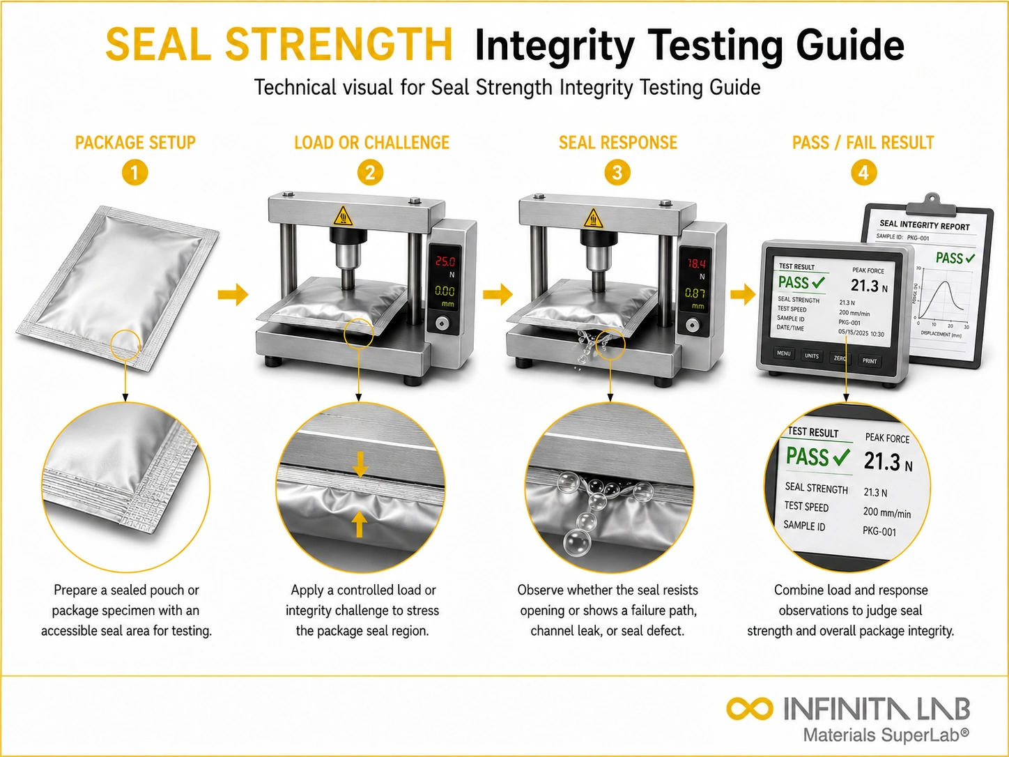 Infinita Engineering Visual showing Seal Strength Integrity leak / seal integrity workflow for seal strength integrity testing guide.