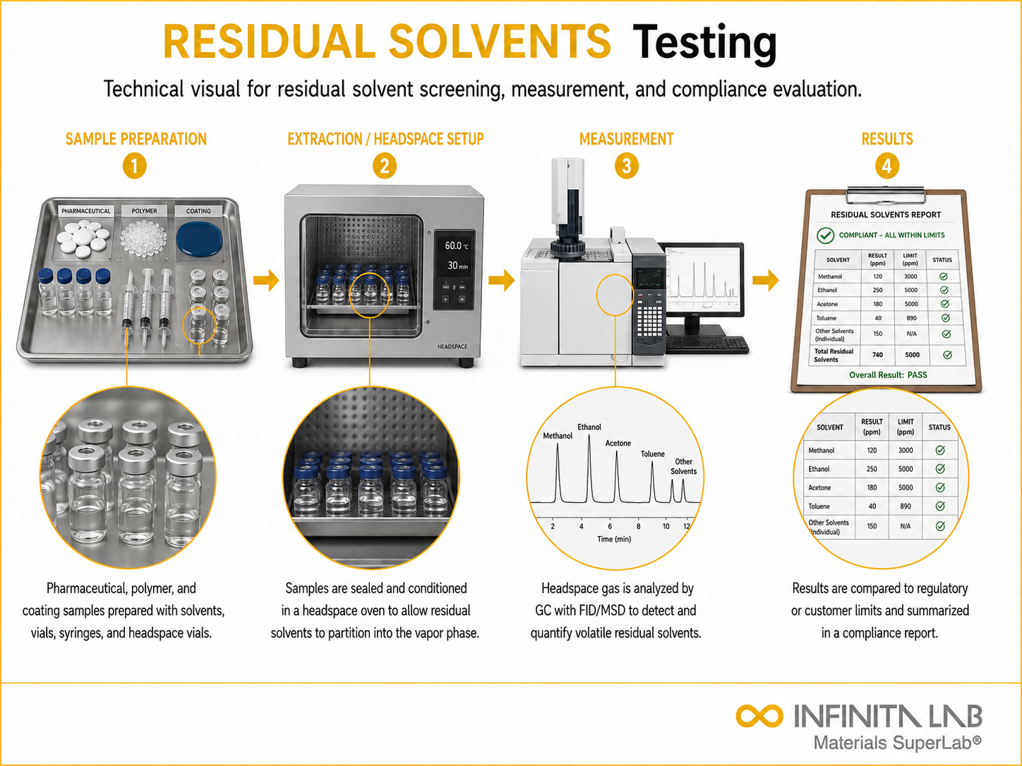 Infinita Engineering Visual showing Residual Solvents Testing chemical composition / wet chemistry workflow for residual solvents testing.