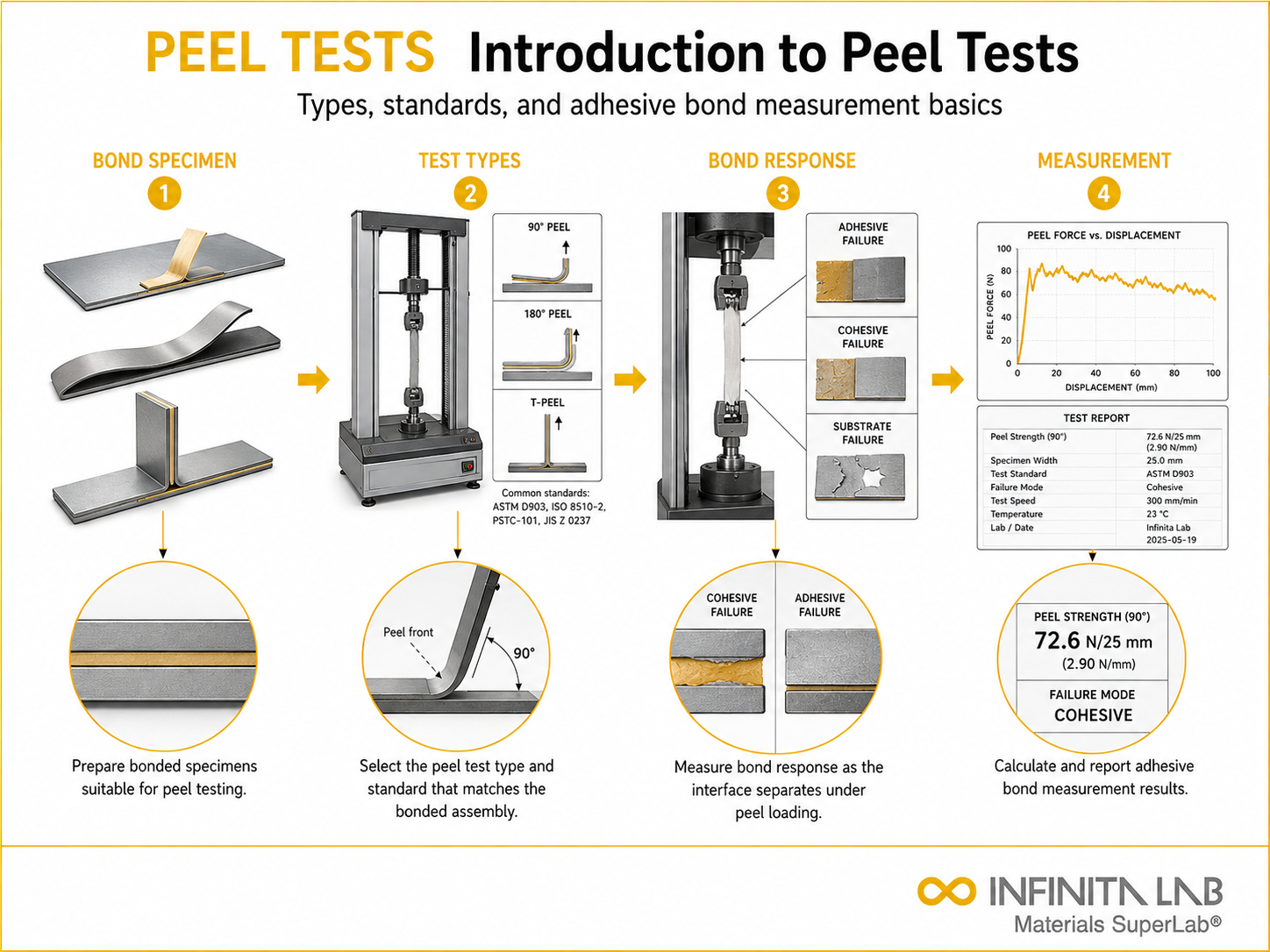 Infinita Engineering Visual showing Introduction To Peel peel / adhesion workflow for introduction to peel tests: types, standards & adhesive bond measurement.