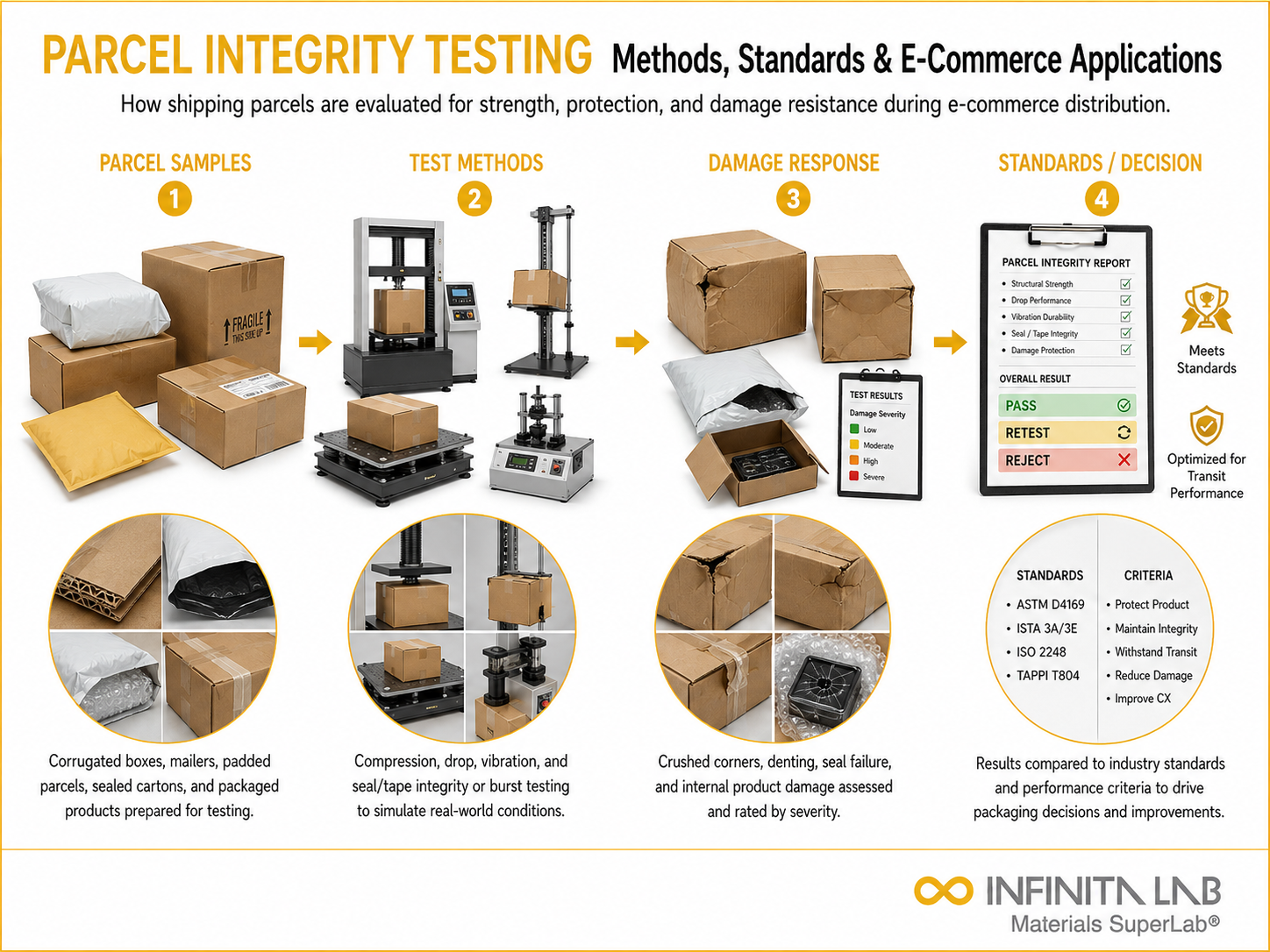 Infinita Engineering Visual showing Parcel Integrity Testing general testing / industry guide workflow for parcel integrity testing: methods, standards & e-commerce applications.