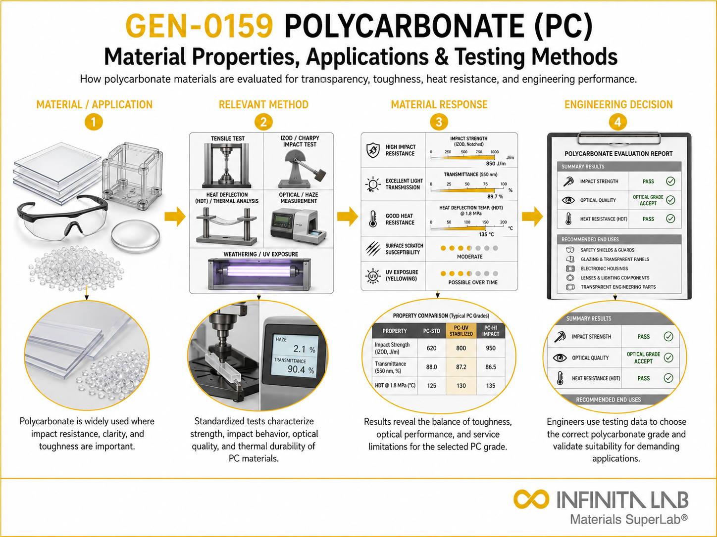 Infinita Engineering Visual showing Polycarbonate Pc Material general testing / industry guide workflow for polycarbonate (pc): material properties, applications & testing methods.