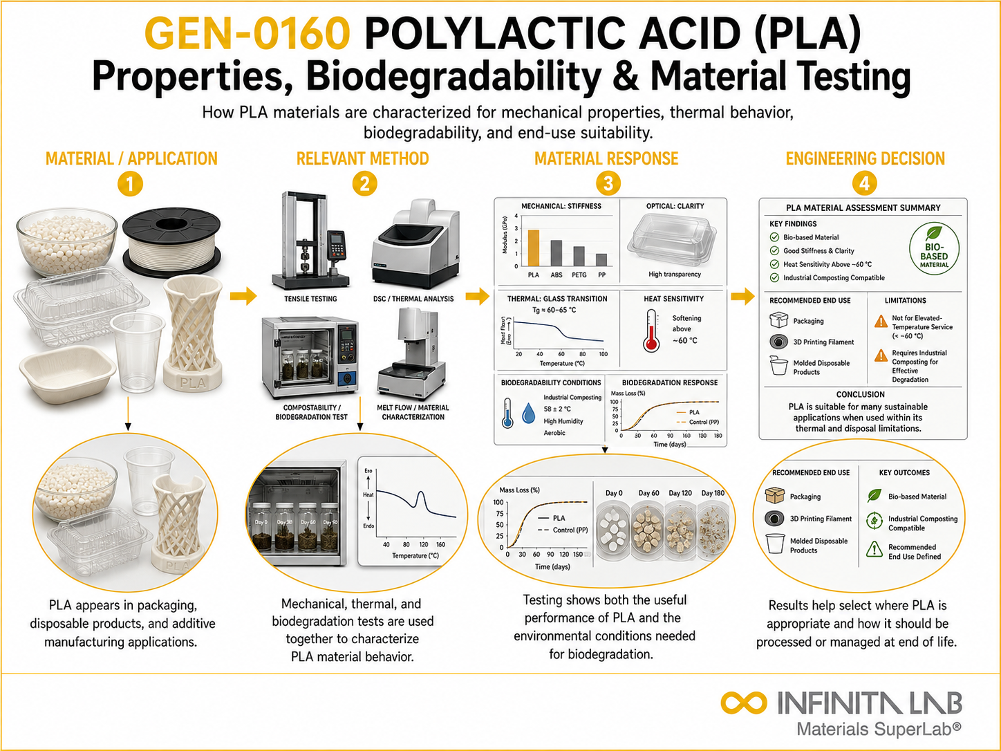 Infinita Engineering Visual showing Polylactic Acid Pla general testing / industry guide workflow for polylactic acid (pla): properties, biodegradability & material testing.
