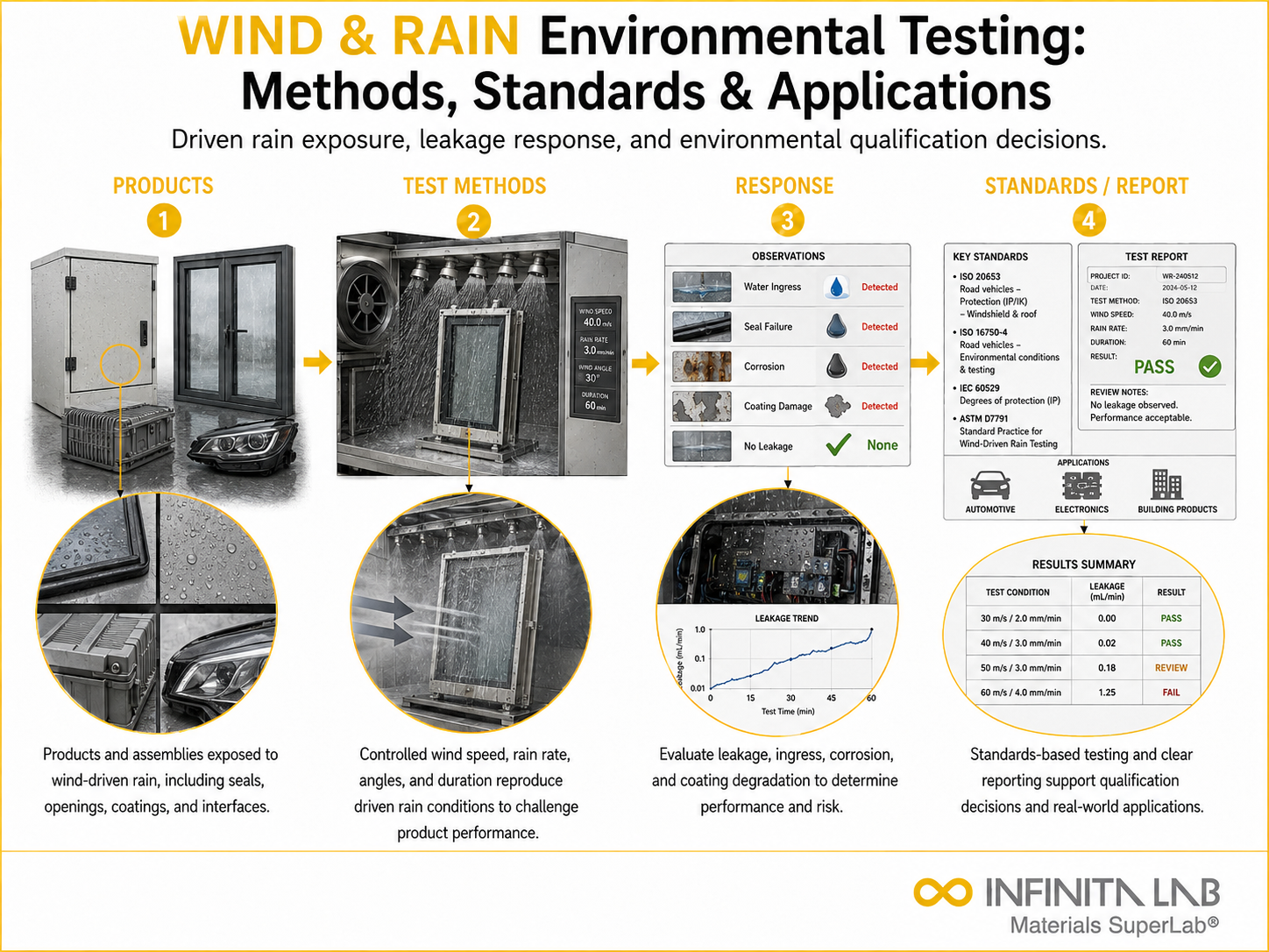Infinita Engineering Visual showing Wind Rain Environmental general testing / industry guide workflow for wind & rain environmental testing: methods, standards & applications.