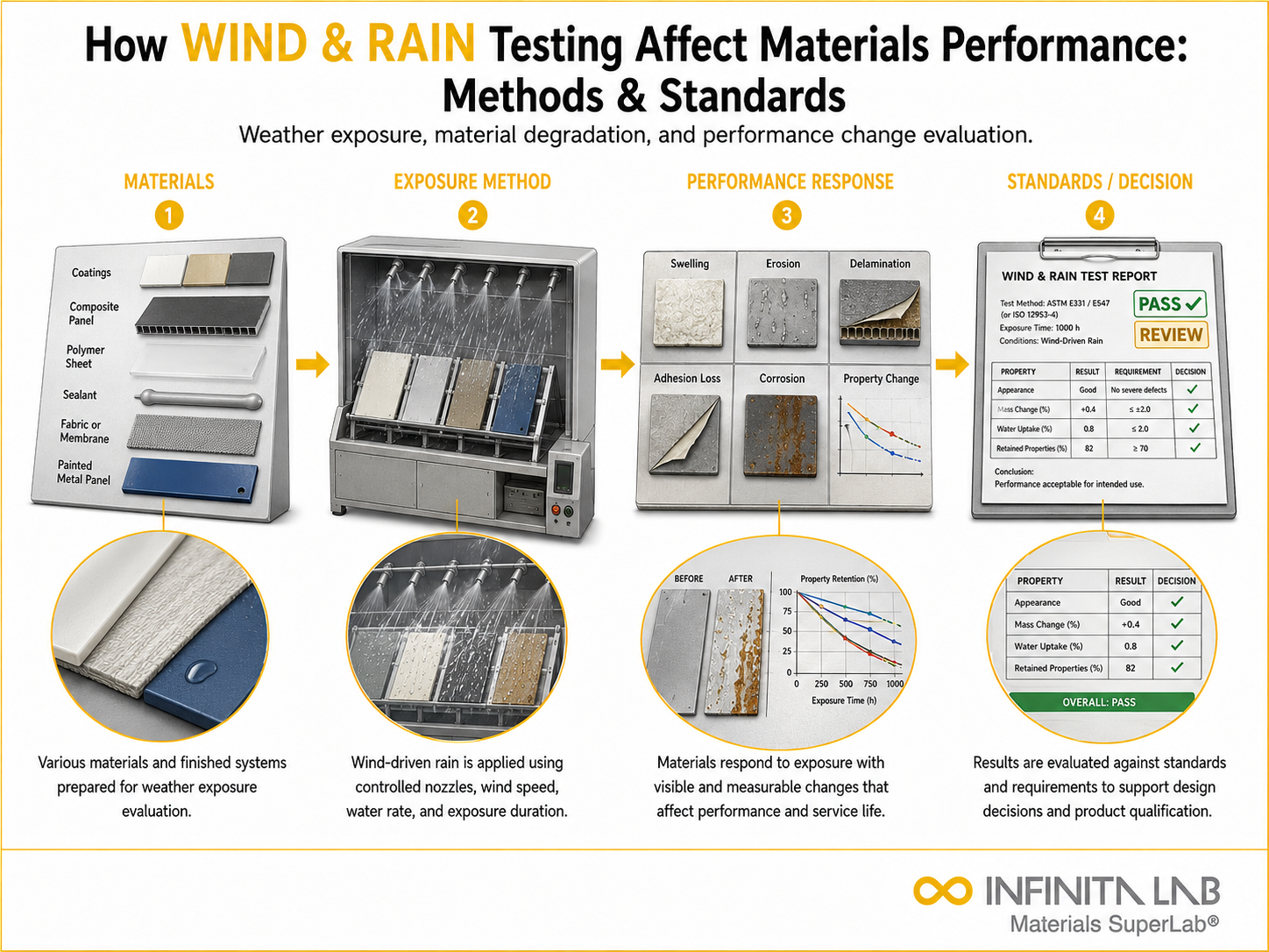 Infinita Engineering Visual showing How Wind Rain general testing / industry guide workflow for how wind & rain testing affect materials performance: methods & standards.