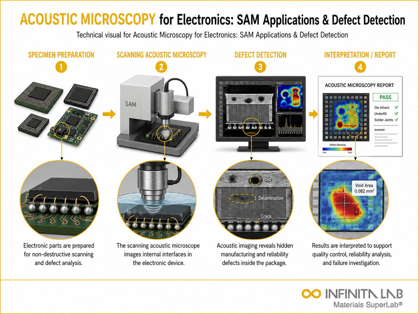 Infinita Engineering Visual showing Acoustic Microscopy For acoustic microscopy / sam / sat workflow for acoustic microscopy for electronics: sam applications & defect detection.
