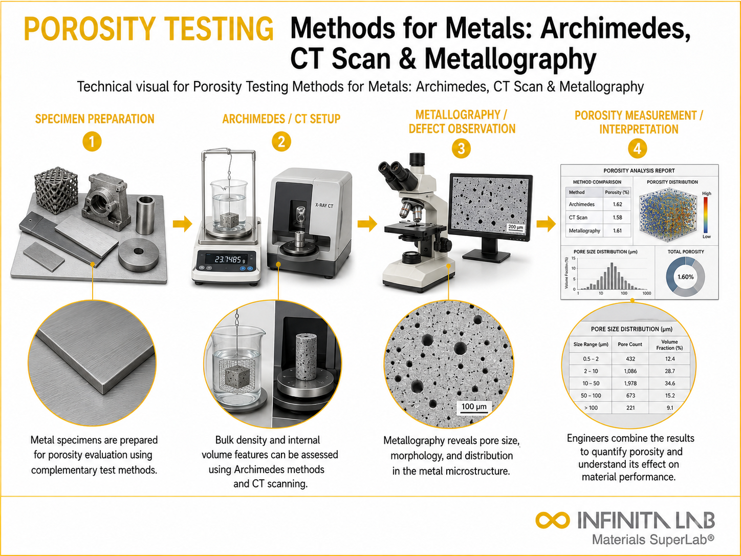 Infinita Engineering Visual showing Porosity Testing Methods metallography / grain size / microstructure workflow for porosity testing methods for metals: archimedes, ct scan & metallography.