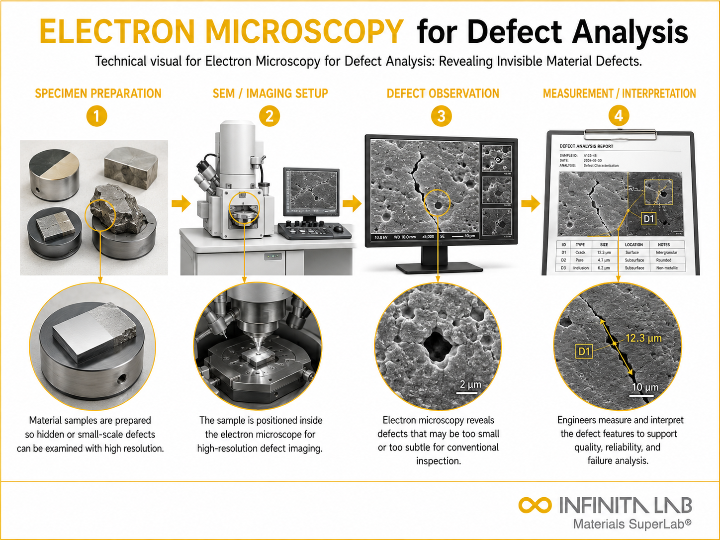 Infinita Engineering Visual showing Electron Microscopy For microscopy / imaging workflow for electron microscopy for defect analysis: revealing invisible material defects.