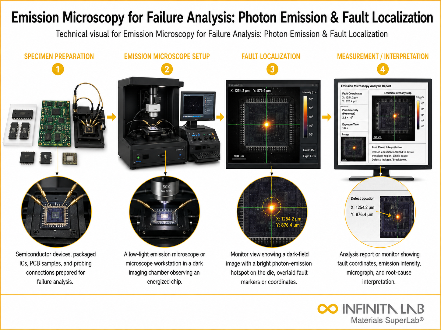 Infinita Engineering Visual showing Emission Microscopy For microscopy / imaging workflow for emission microscopy for failure analysis: photon emission & fault localization.