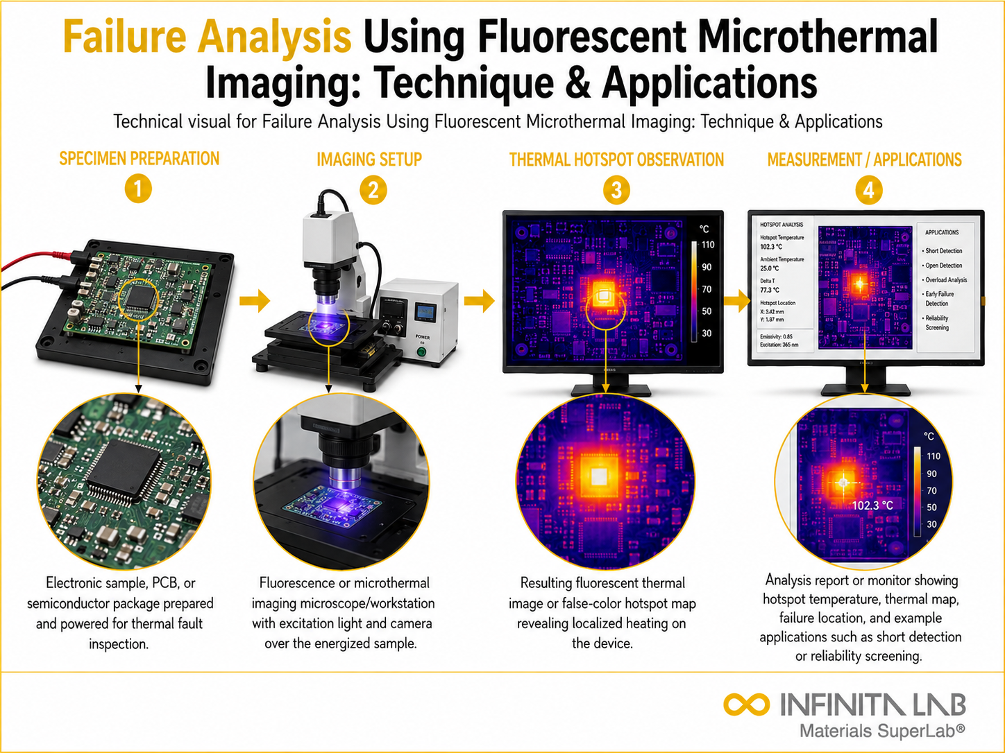 Infinita Engineering Visual showing Failure Analysis Using microscopy / imaging workflow for failure analysis using fluorescent microthermal imaging: technique & applications.