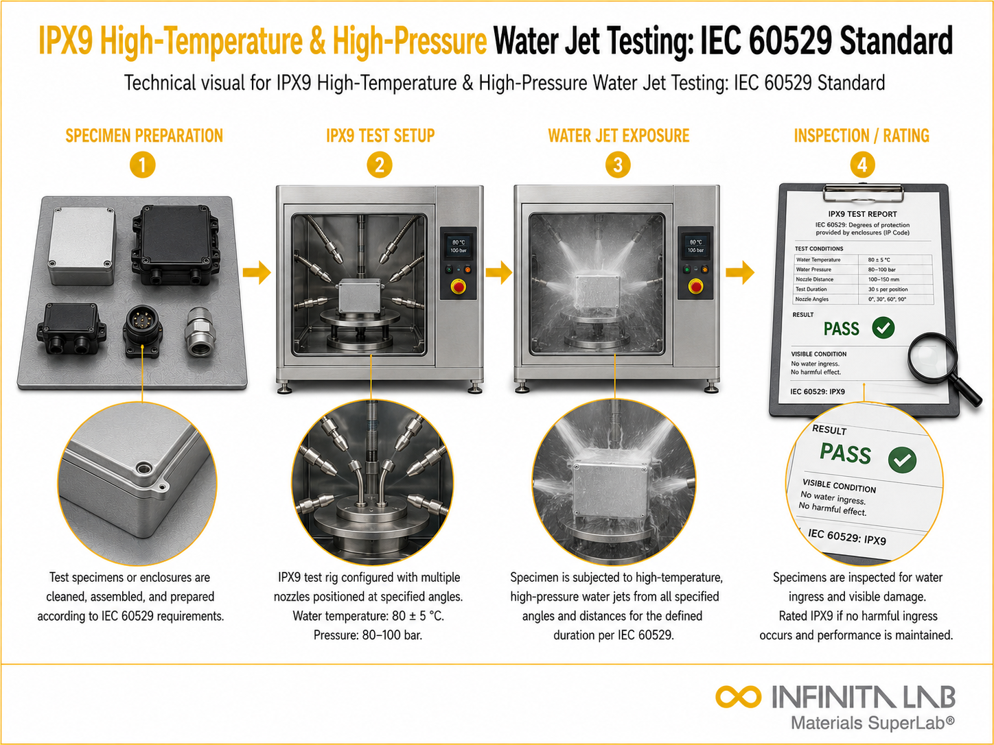 Infinita Engineering Visual showing IEC 60529 STANDARD microscopy / imaging workflow for ipx9 high-temperature & high-pressure water jet testing: iec 60529 standard.