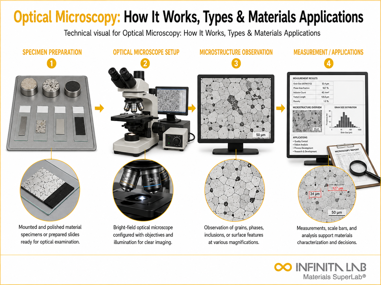 Infinita Engineering Visual showing Optical Microscopy How microscopy / imaging workflow for optical microscopy: how it works, types & materials applications.