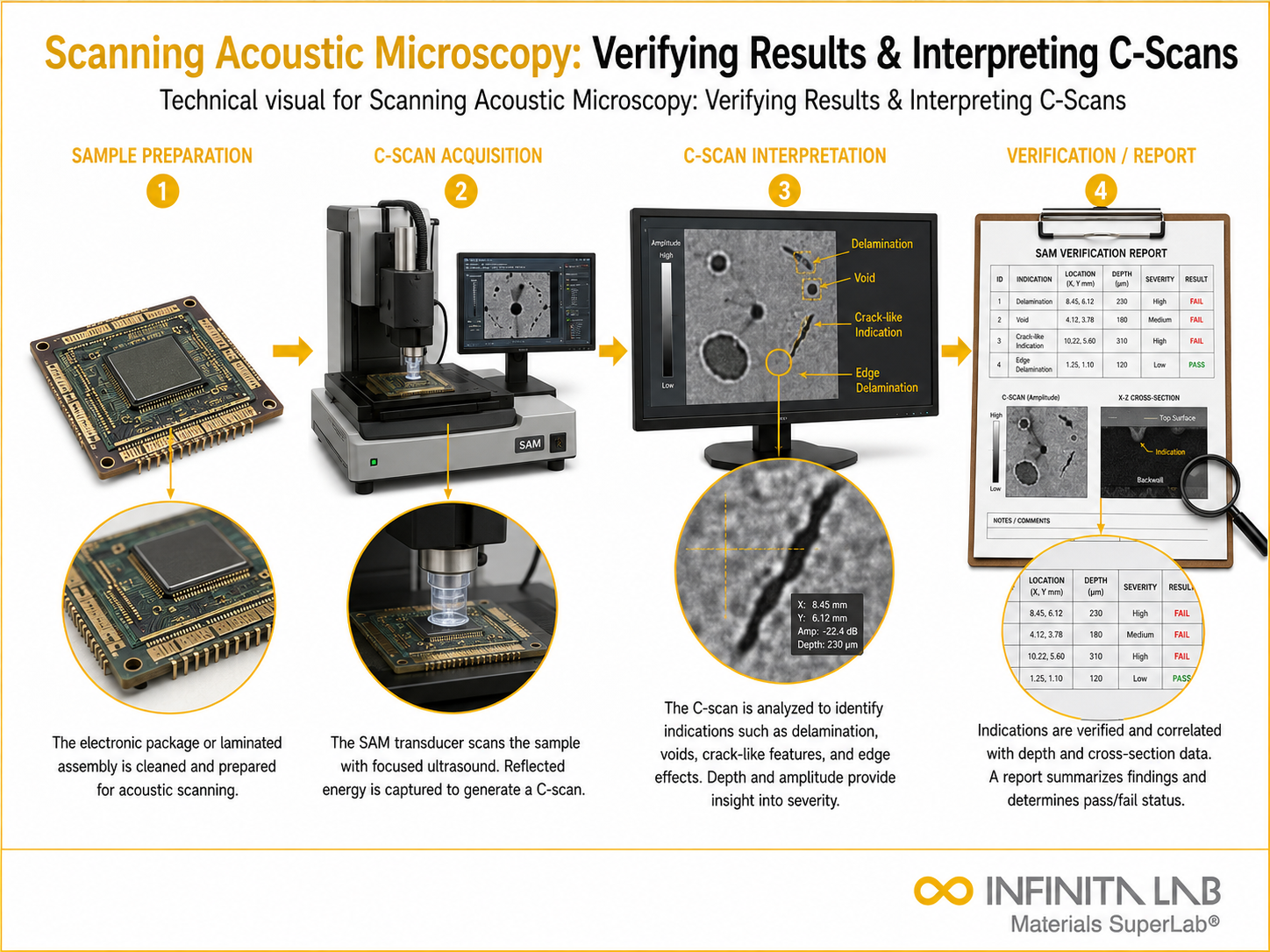 Infinita Engineering Visual showing Scanning Acoustic Microscopy acoustic microscopy / sam / sat workflow for scanning acoustic microscopy: verifying results & interpreting c-scans.