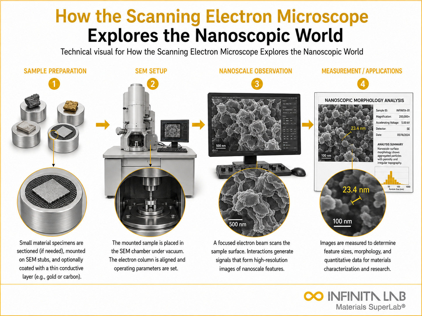 Infinita Engineering Visual showing How The Scanning microscopy / metallography / imaging workflow for how the scanning electron microscope explores the nanoscopic world.