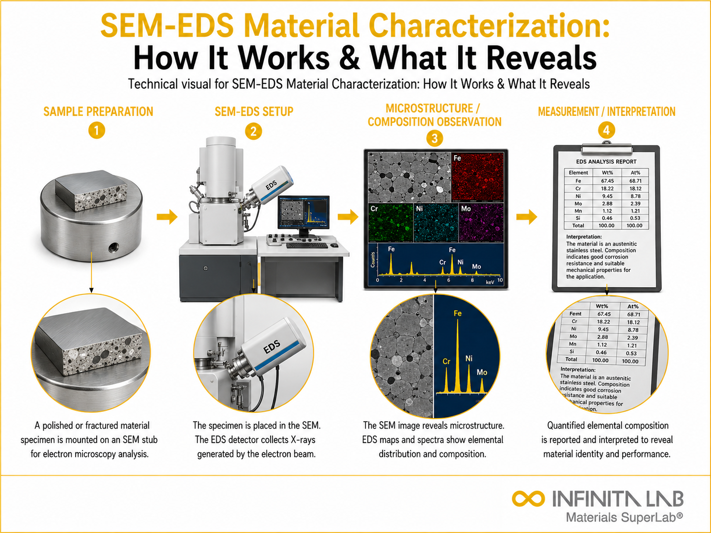 Infinita Engineering Visual showing Sem Eds Material microscopy / imaging workflow for sem-eds material characterization: how it works & what it reveals.